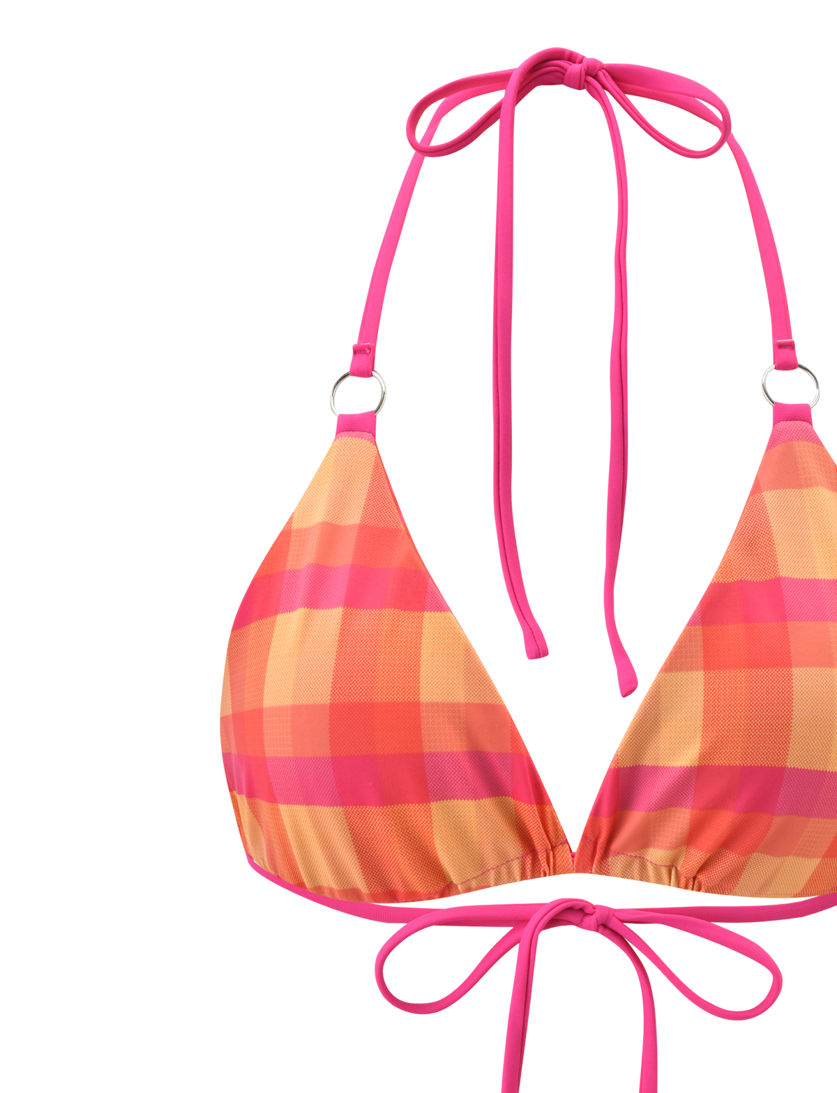 A close-up of the TIGERMIST AYANNA REVERSIBLE BIKINI TOP - GINGHAM AND RESORT PLAID, featuring a pink and orange plaid design with thin hot pink tie straps and small metal rings connecting the straps to the fabric.
