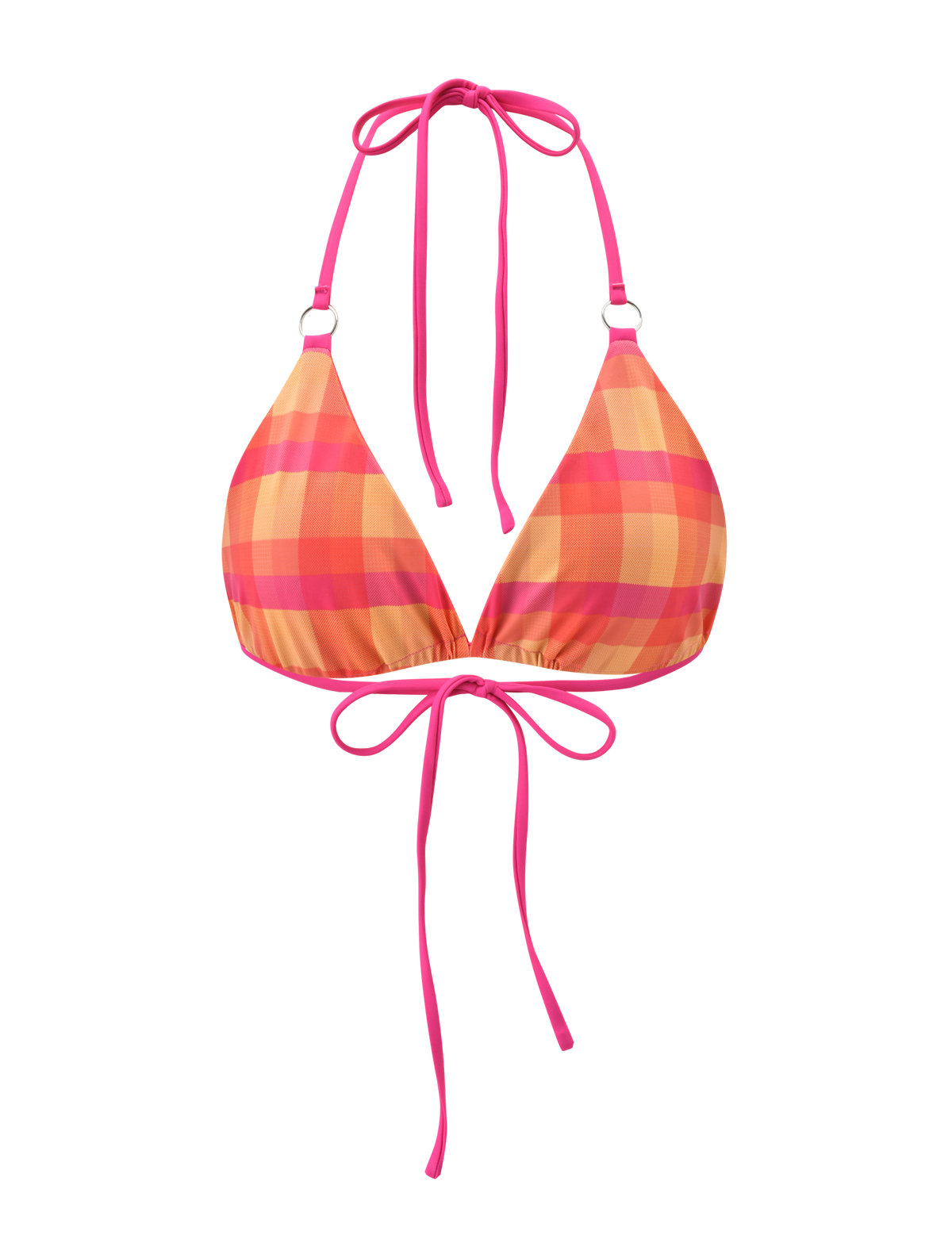 The AYANNA REVERSIBLE BIKINI TOP - GINGHAM AND RESORT PLAID by TIGERMIST features a pink, orange, and yellow plaid pattern with solid pink halter neck and back ties on a white base. The top is reversible for added versatility.