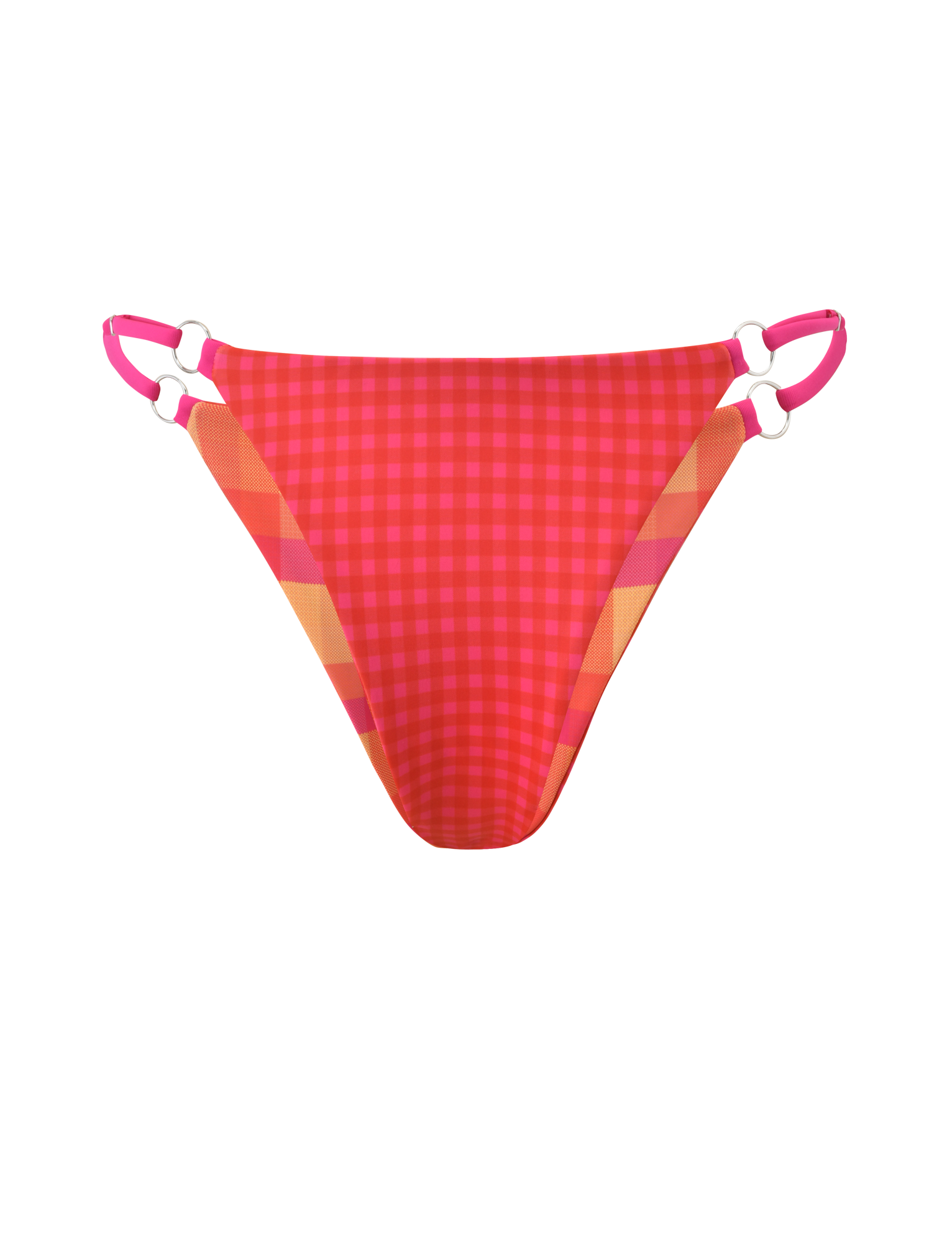 TIGERMIST AYANNA Reversible Bikini Bottom in pink and orange gingham and resort plaid, featuring adjustable side straps, white ring accents, and cheeky coverage, shown on a white background.