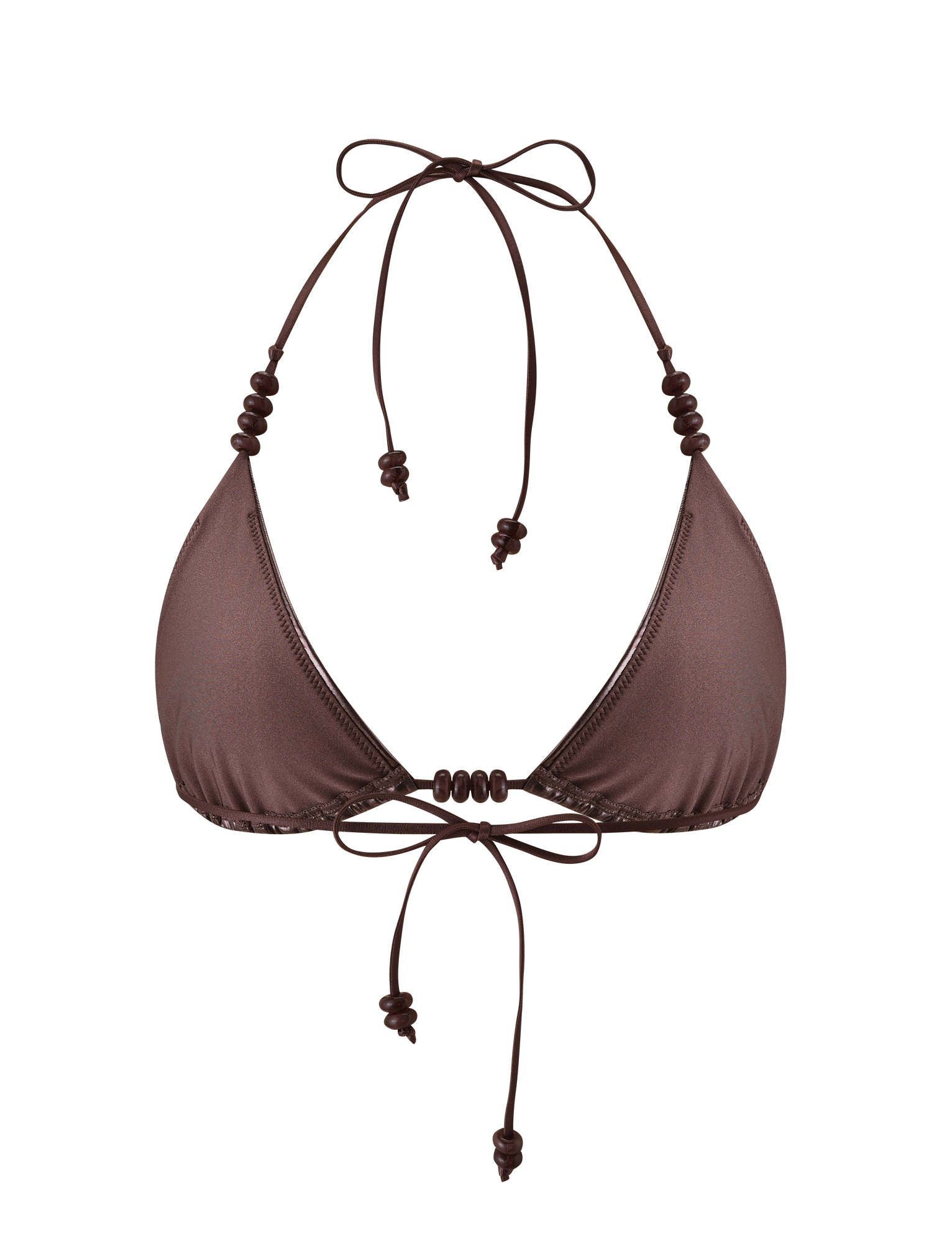 The TIGERMIST FINLEA BIKINI TOP - BRONZE is an adjustable triangle bikini top with thin strings and bead accents, shown on a plain white background. This metallic style brings shine to your swimwear collection.