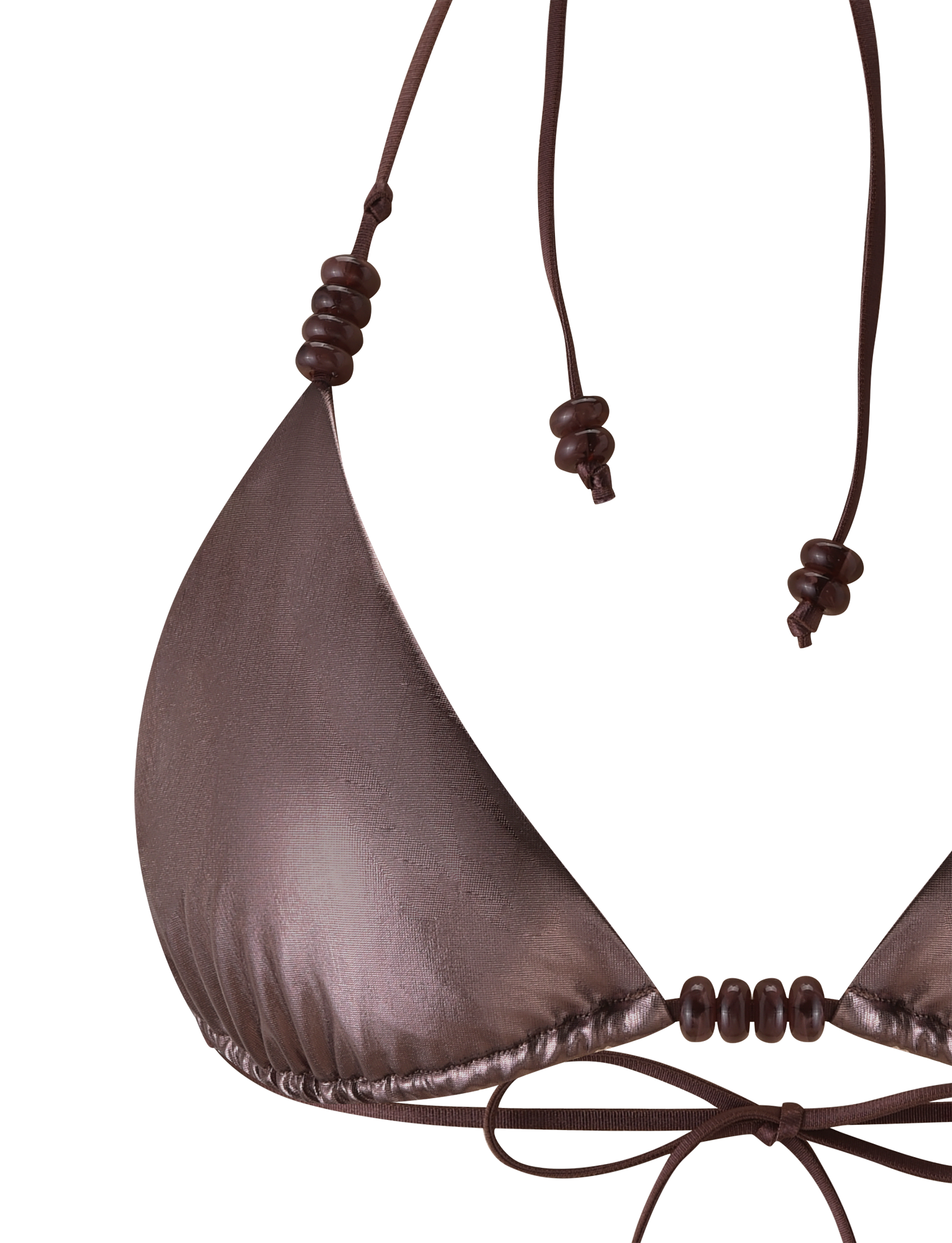 Close-up of the TIGERMIST FINLEA BIKINI TOP - BRONZE, a metallic triangle bikini with thin straps and round bead details on halter and underbust ties, shown on a white background.