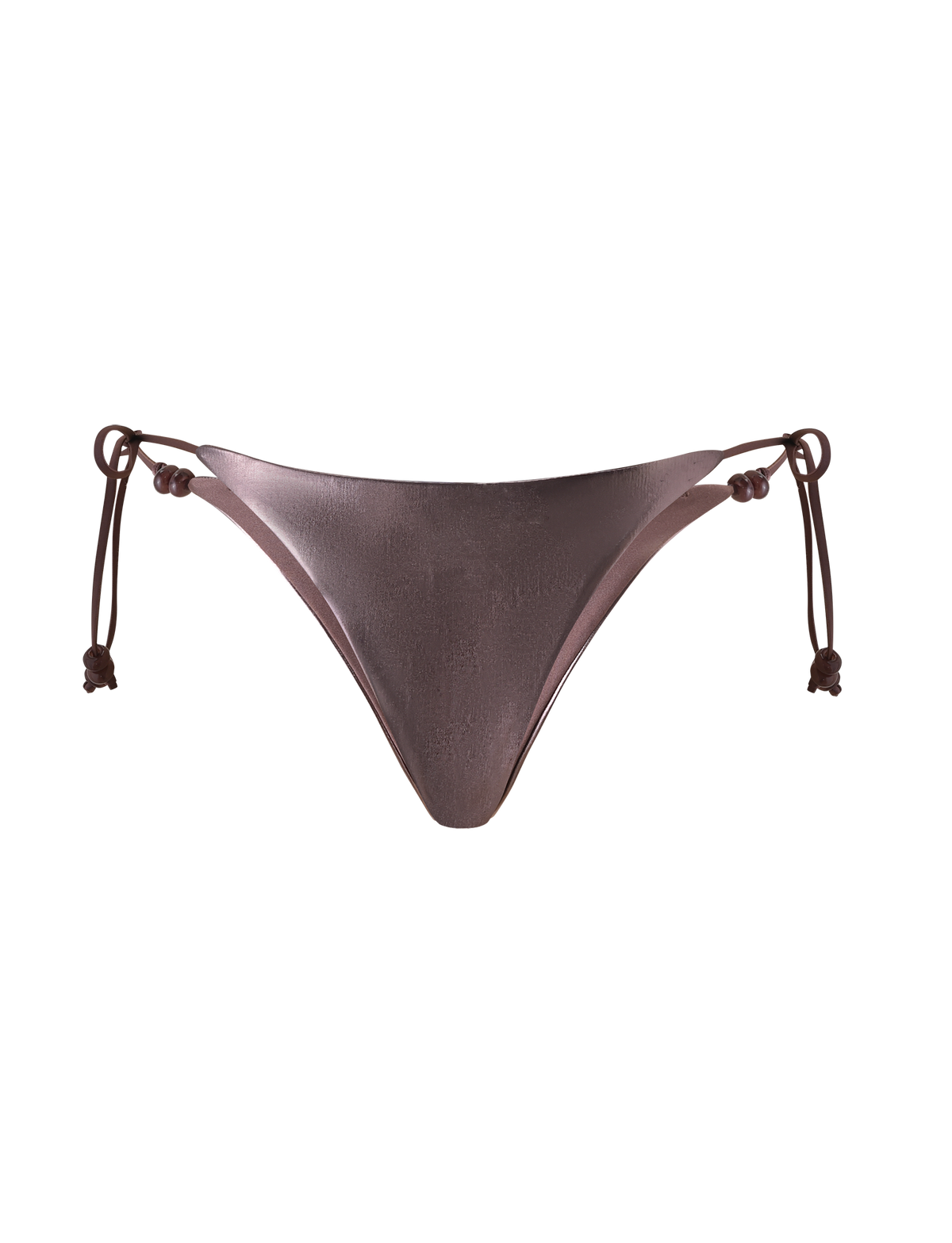 The TIGERMIST FINLEA BIKINI BOTTOM in metallic bronze features adjustable side ties with knots for a cheeky look, shown against a plain white background.