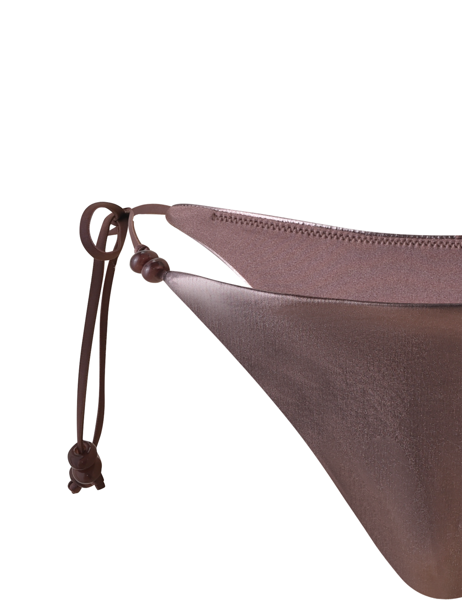 Close-up of the TIGERMIST FINLEA BIKINI BOTTOM in bronze, featuring a cheeky fit with side tie and small wooden beads, set against a plain white background.