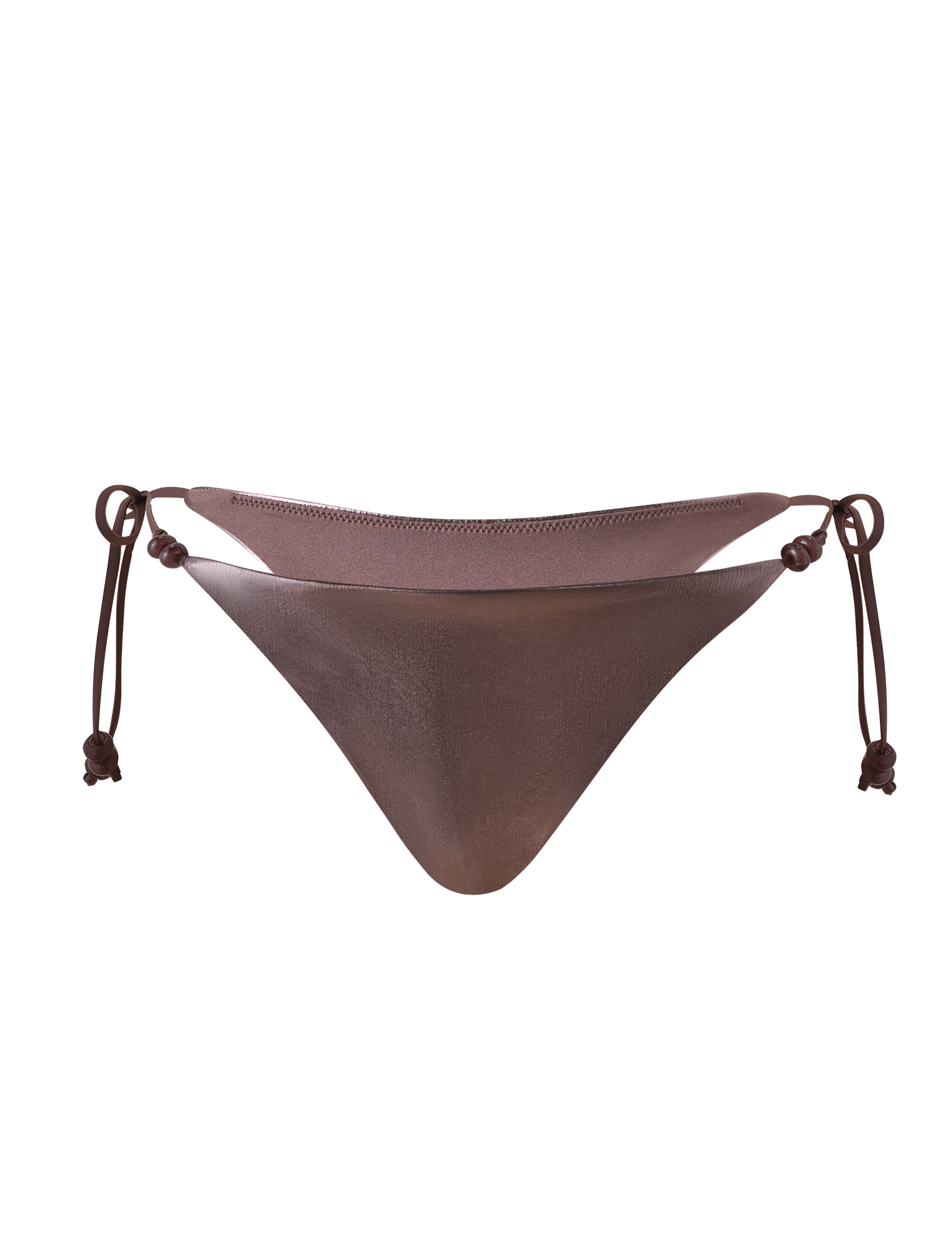 The TIGERMIST FINLEA BIKINI BOTTOM in bronze, featuring a shiny finish, low-rise cut, and adjustable side ties, is displayed against a plain white background.