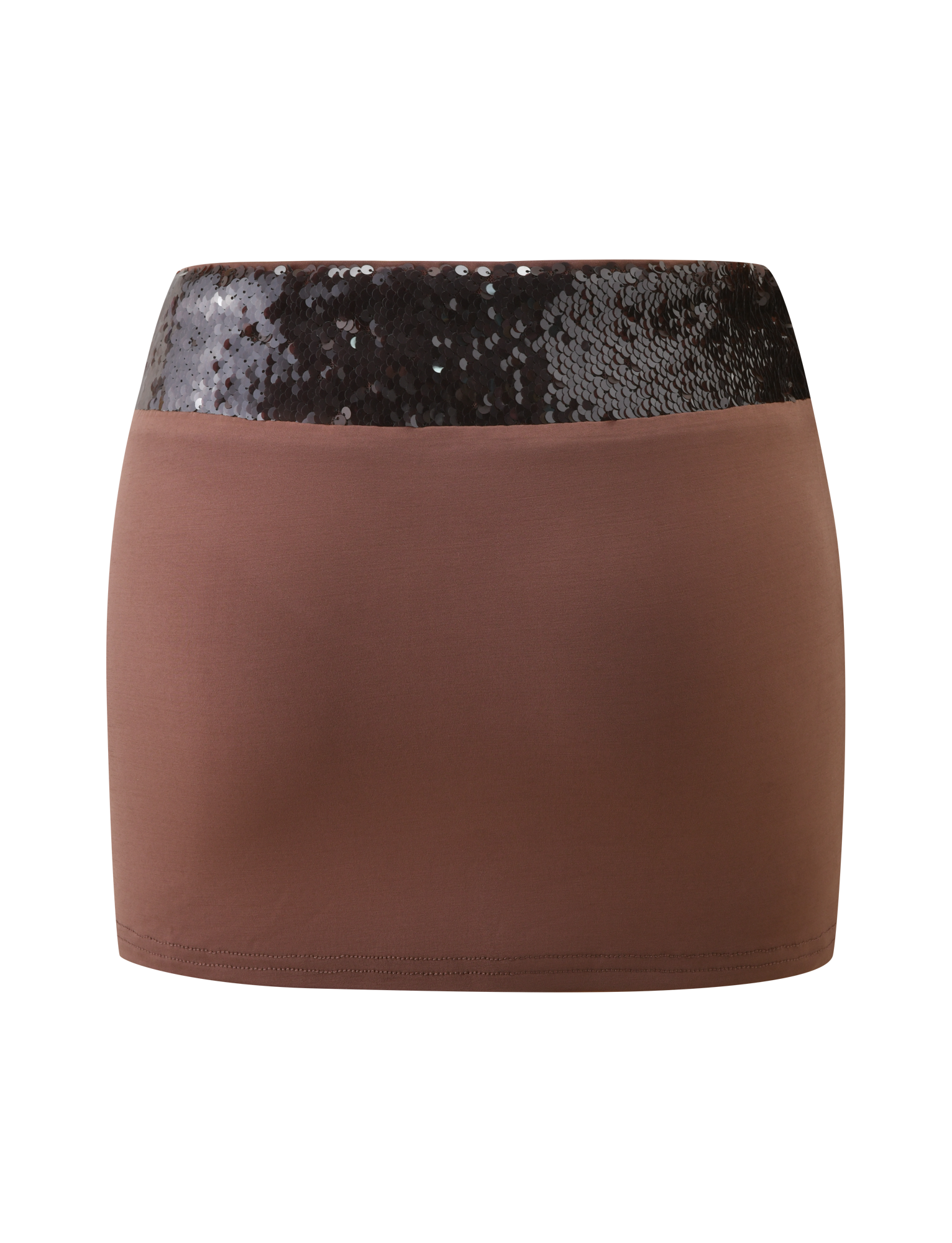 The TIGERMIST THARA MINI SKIRT in chocolate features a fitted, smooth, and stretchy design with a wide sequin waistband. Shown against a plain white background.