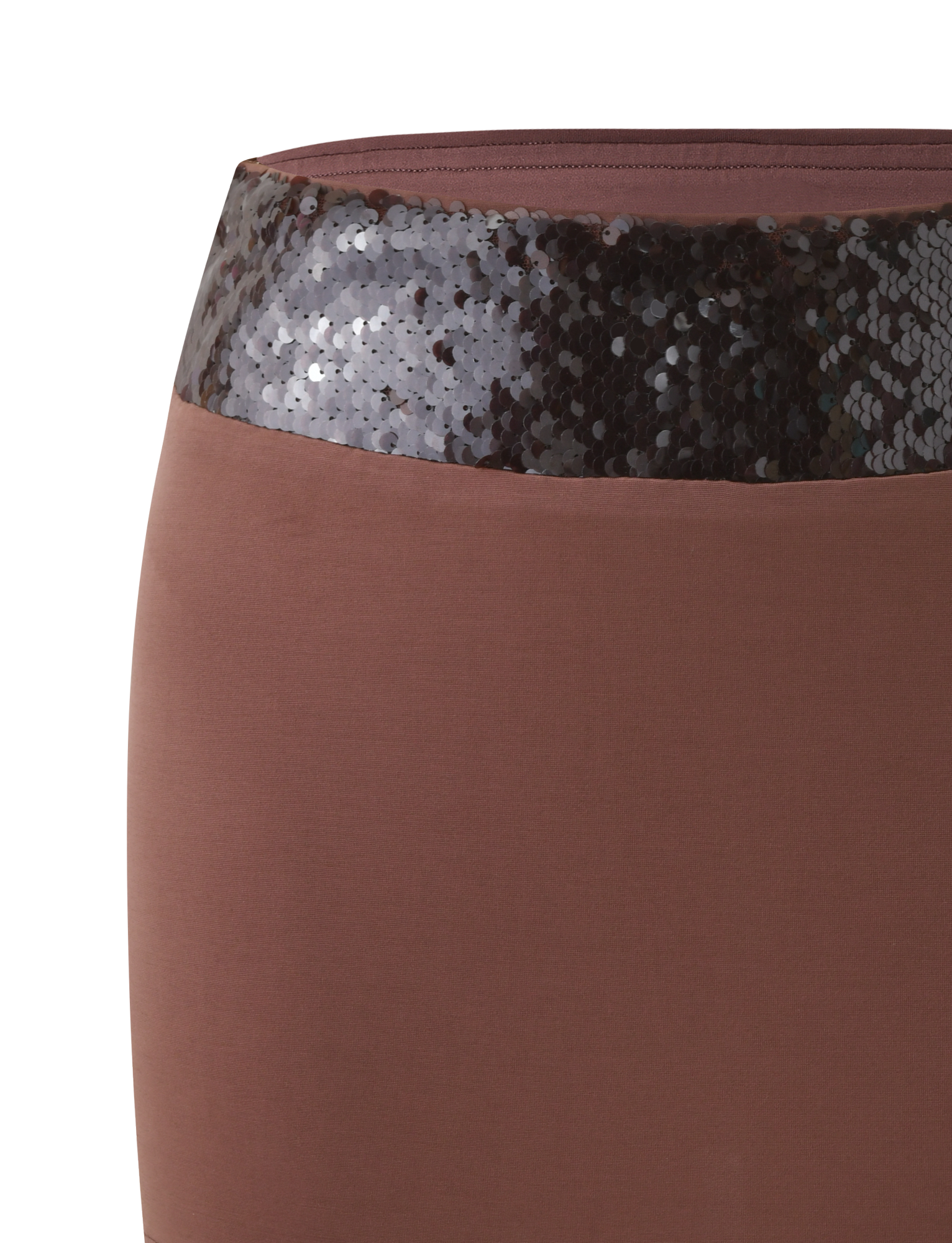 Close-up of TIGERMIST's THARA MINI SKIRT in chocolate, showcasing a wide, glossy sequin waistband contrasting with the smooth, matte fabric.