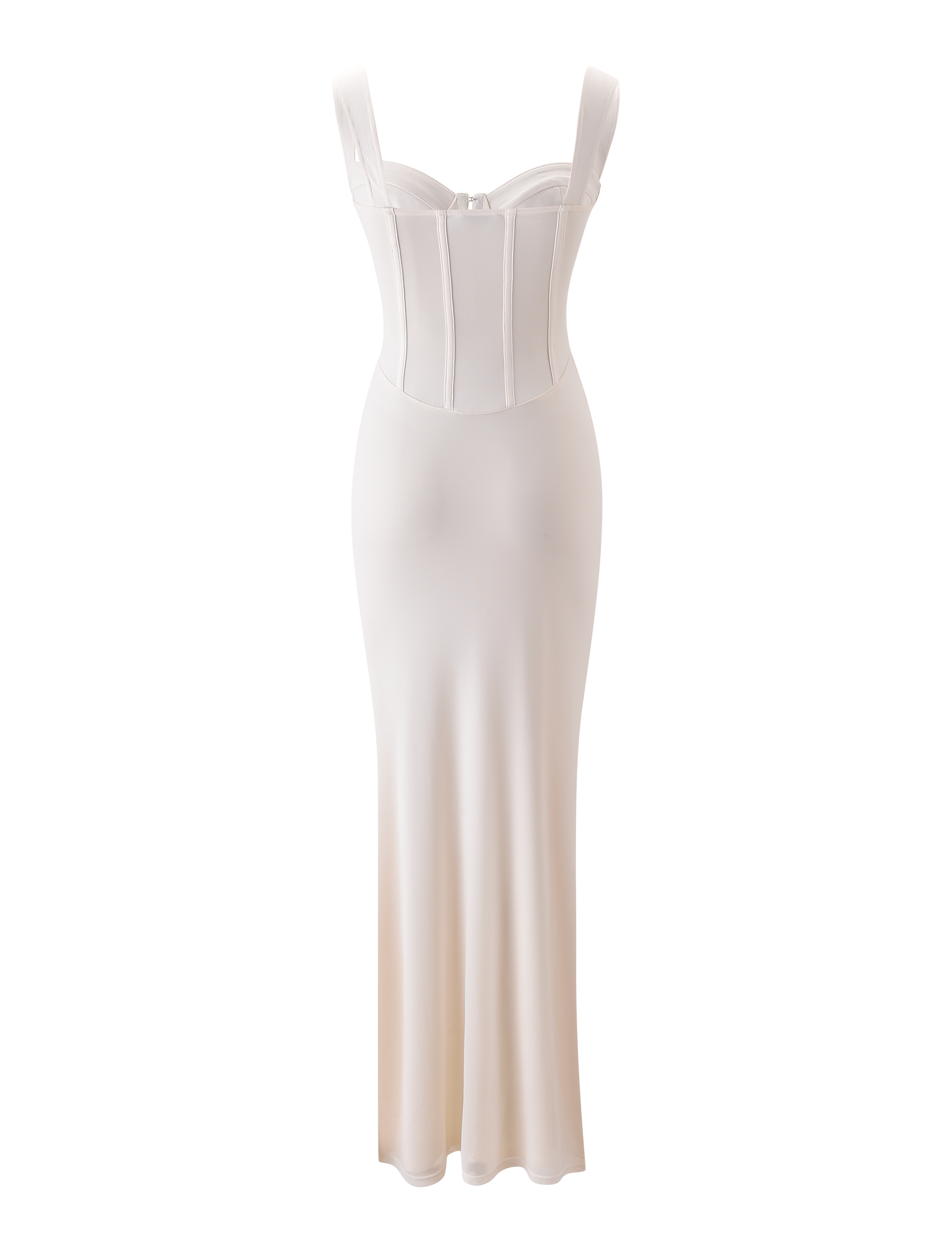 The TIGERMIST GINNY MAXI DRESS in off white features a sleeveless, corseted design with ruched bust cups, structured bodice, and draped mesh details flowing into a long skirt, shown against a plain white background.