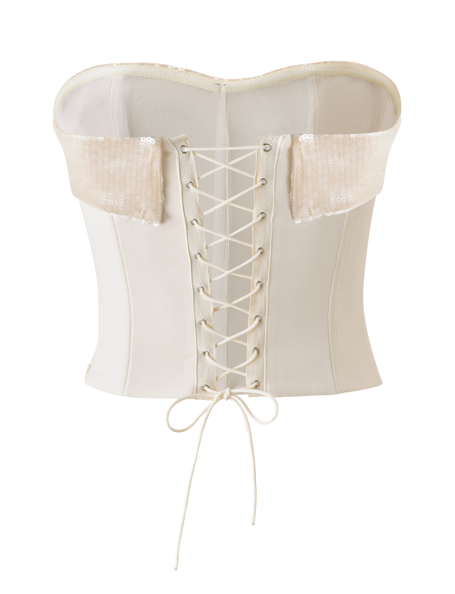 The CHARLYZE BUSTIER by TIGERMIST is a cream bustier top with a lace-up back, bow detail, sequin panel along the top edge, structured fit, and sweetheart neckline for an elegant look.