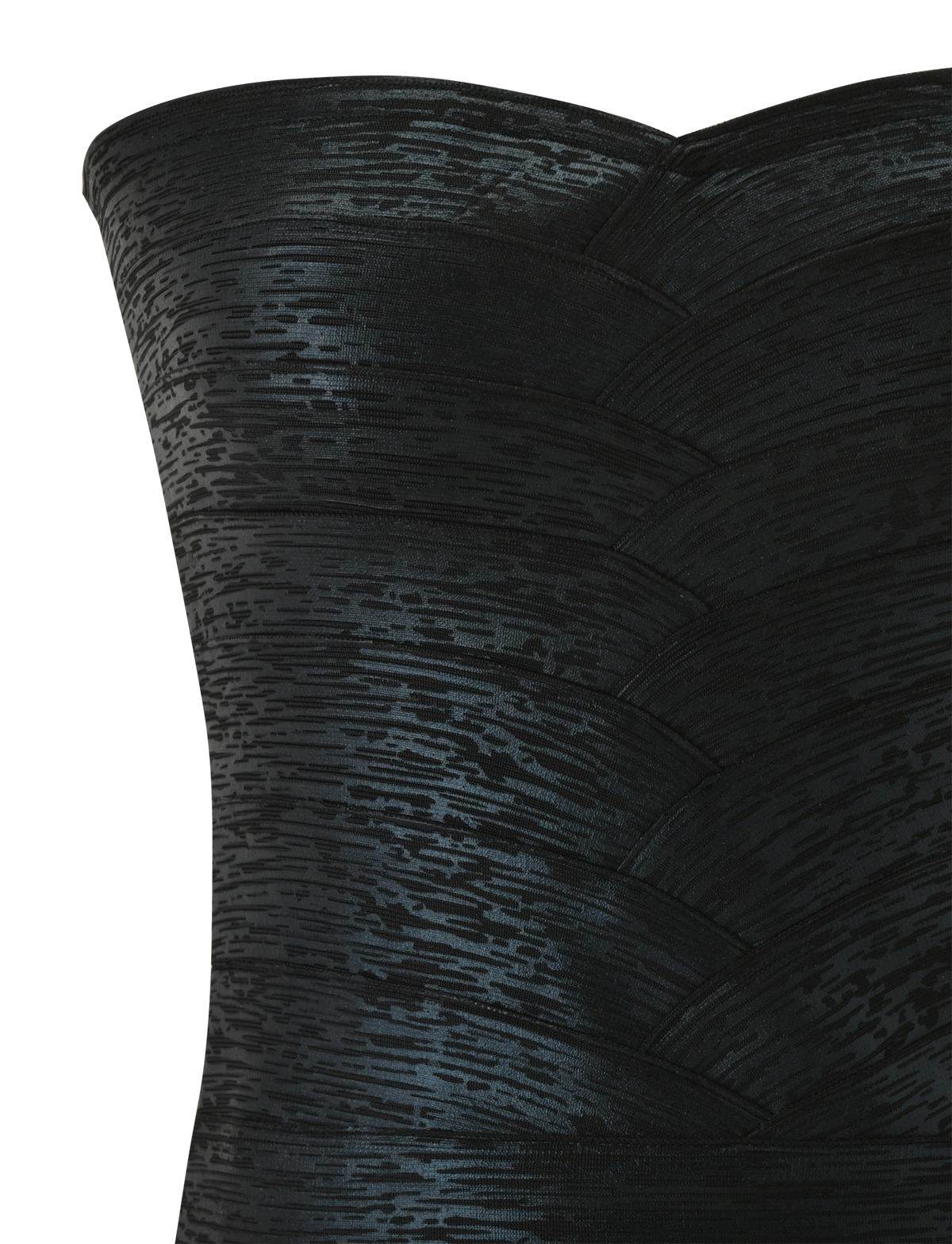 Close-up of the NIYA METALLIC BANDAGE TOP by TIGERMIST, a strapless, metallic black piece with a corset top and textured pattern featuring horizontal lines and overlapping scale-like designs on the right side.