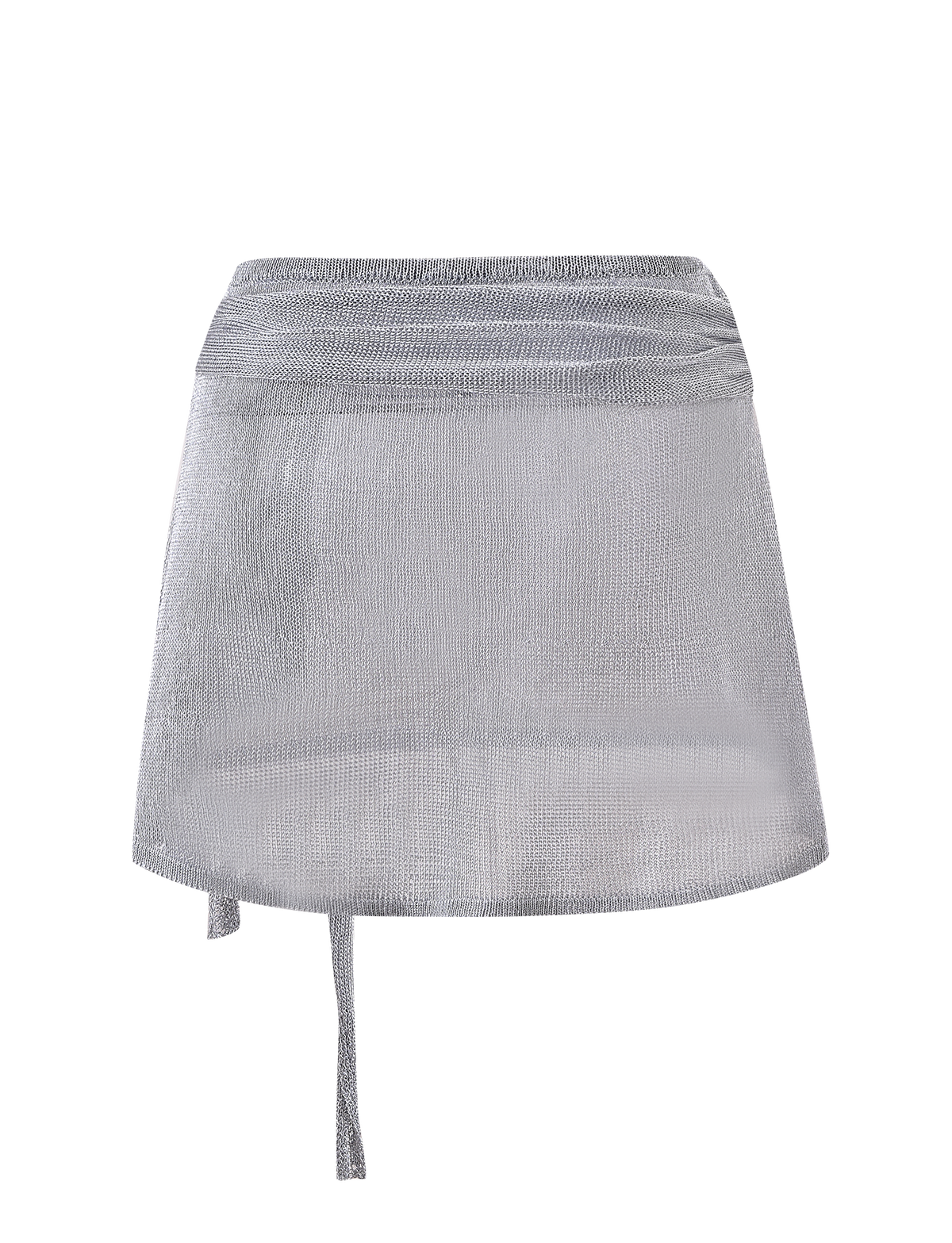 The TIGERMIST ISATANA MINI SKIRT in silver features a metallic knit fabric, wrap design, and side tie detail, shown against a plain white background.