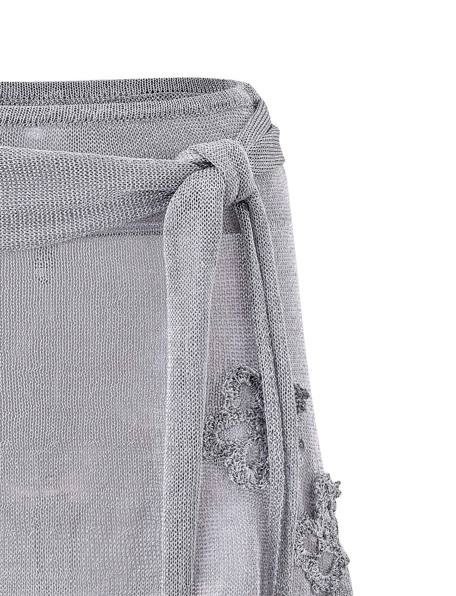 Close-up of the TIGERMIST ISATANA MINI SKIRT in silver, featuring a metallic knit, tied belt, and distressed details with frayed holes and loose threads, shown against a plain white background.