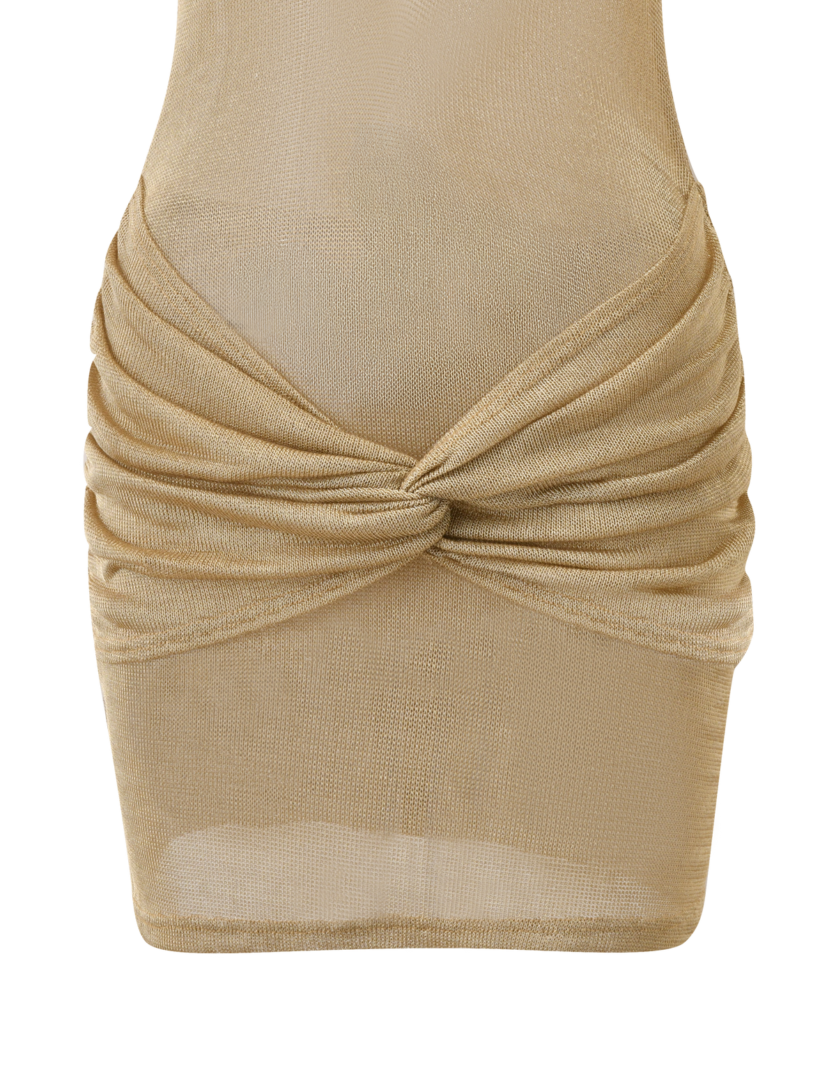 Close-up of the TIGERMIST ZOSIA MINI DRESS in gold, a tan semi-sheer piece featuring ruched sides and a twisted drop waist with a front knot detail.