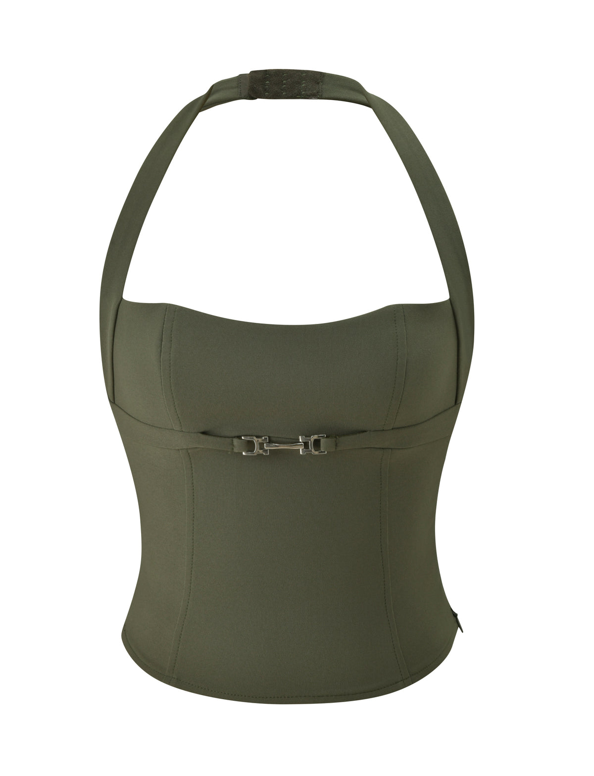 Olive green KITTIE BUCKLE TOP - OLIVE featuring a sweetheart neckline, a bodycon fit, and a silver-toned metal buckle detail at the waist.