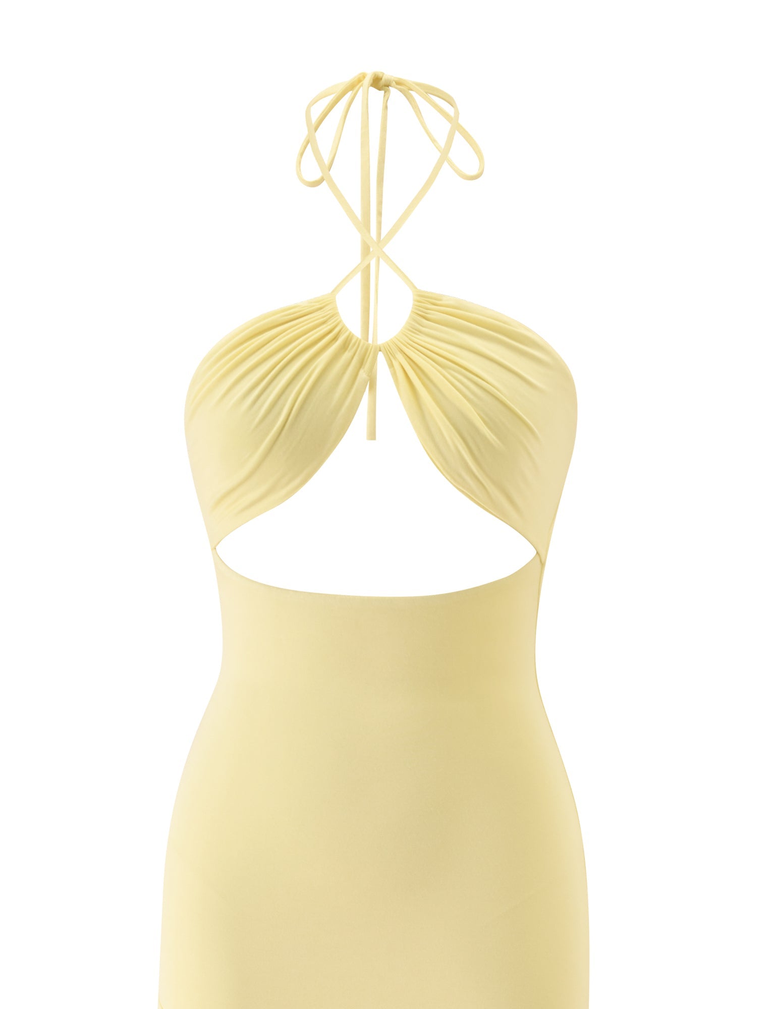 The LILIE MIDI DRESS in butter yellow by TIGERMIST showcases a halter-neck design with elegant thin straps that tie at the neck, ruched detailing, and a striking chest cut-out.
