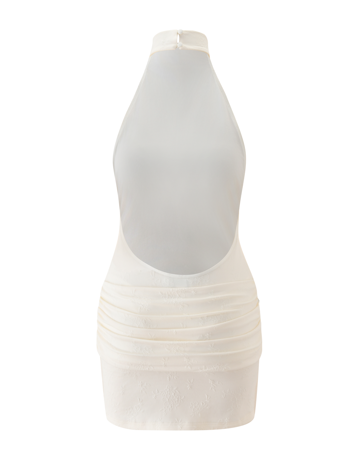 The CAITLIN MINI DRESS - CREAM by TIGERMIST is a sleeveless, high-neck halter dress with an open back, ruched waist, and built-in bodysuit for comfort, shown on a plain white background.
