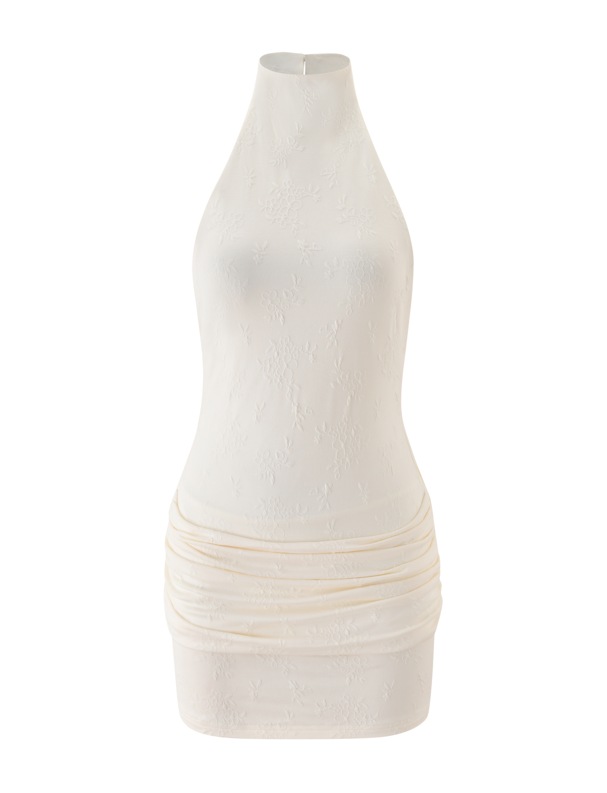 The TIGERMIST CAITLIN MINI DRESS in cream is a sleeveless, form-fitting jacquard mini dress with subtle floral patterns and ruched hip detailing, shown against a plain white background.