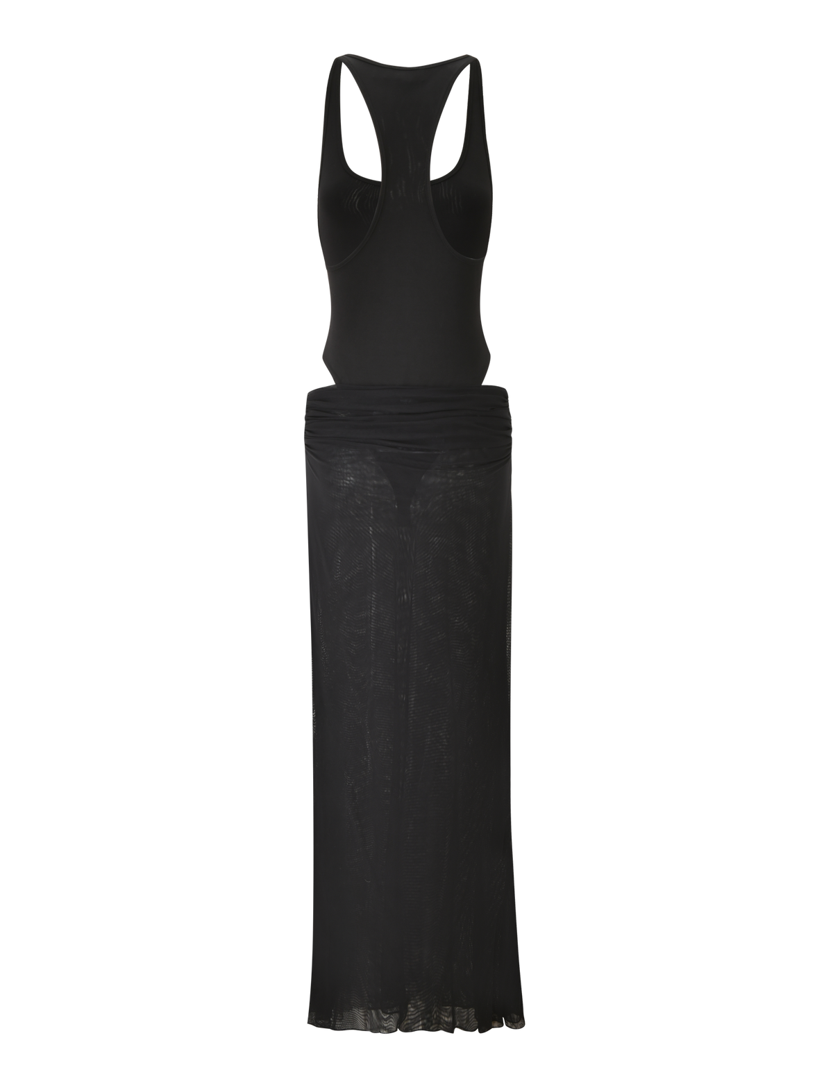 The TIGERMIST LILIANA-SUMMER MAXI DRESS - BLACK is a sleeveless dress with a racerback top and a sheer mesh maxi skirt overlay, shown against a plain white background.
