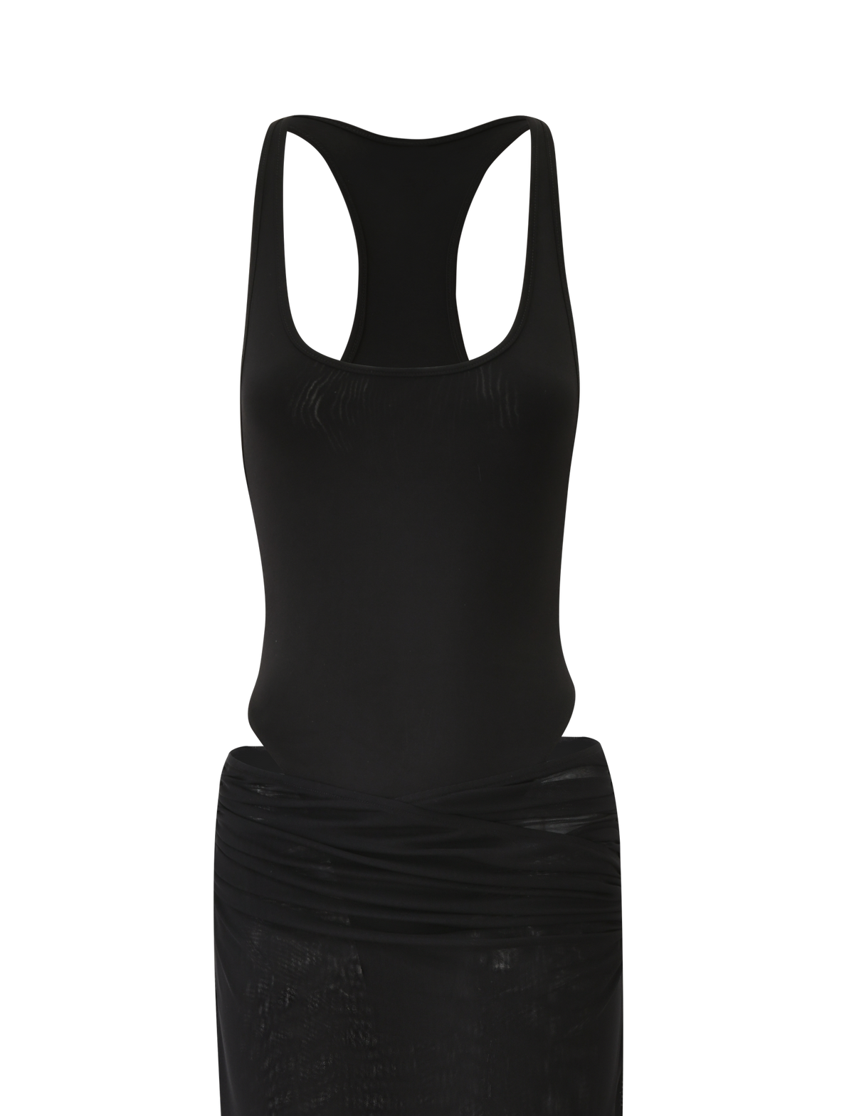 The TIGERMIST LILIANA-SUMMER MAXI DRESS in black features a sleeveless racerback design, fitted bodice, and straight skirt, shown against a plain white background.