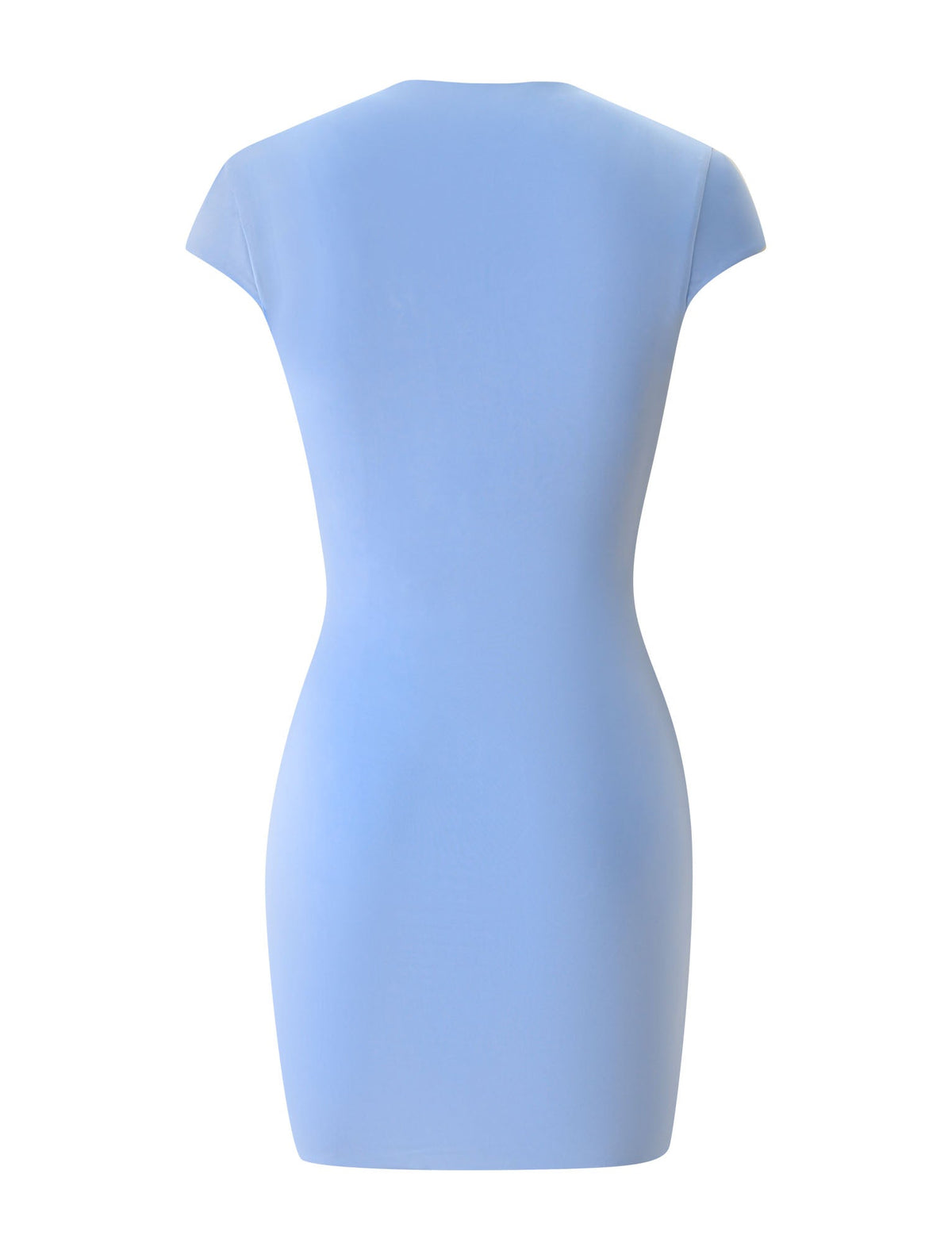 The TIGERMIST MILLS MINI DRESS in baby blue features a fitted silhouette with cap sleeves, displayed from the back against a white background—an ideal choice for your next summer party.