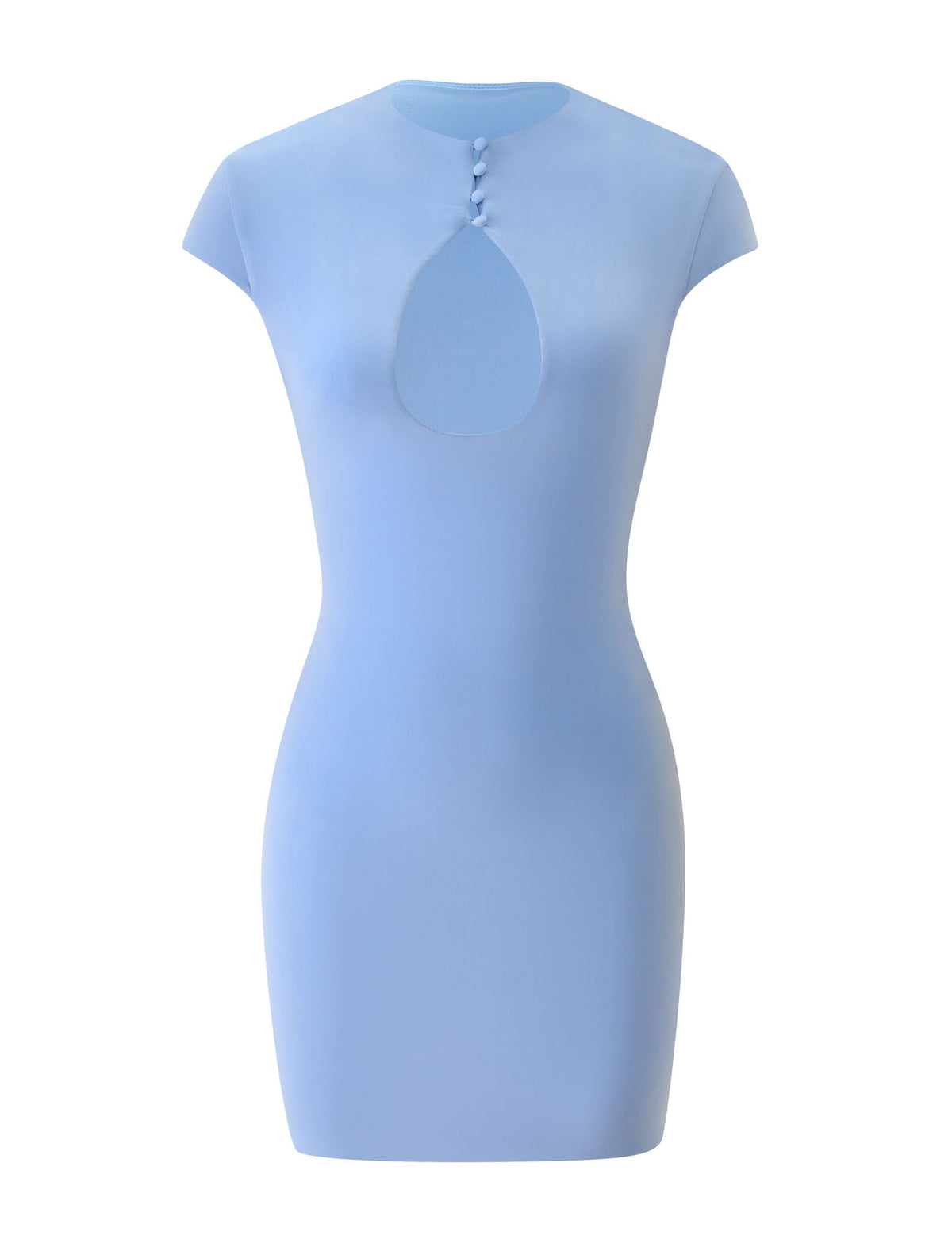 Introducing the MILLS MINI DRESS - BABY BLUE by TIGERMIST: A light blue mini dress featuring cap sleeves, a flattering fitted silhouette, and a teardrop chest cutout with three buttons at the neckline. With its smooth texture and minimalist design, this baby blue dress is perfect as your new go-to summer party look.