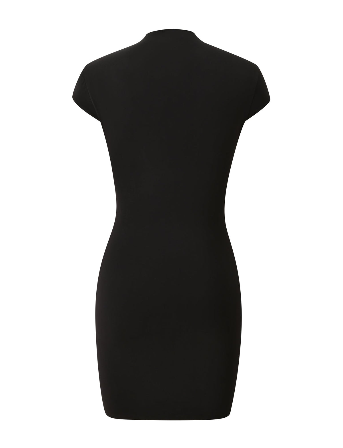 The MILLS MINI DRESS 2.0 - BLACK by TIGERMIST is displayed from the back against a white background, highlighting the classic appeal of this short-sleeved, fitted mini dress.