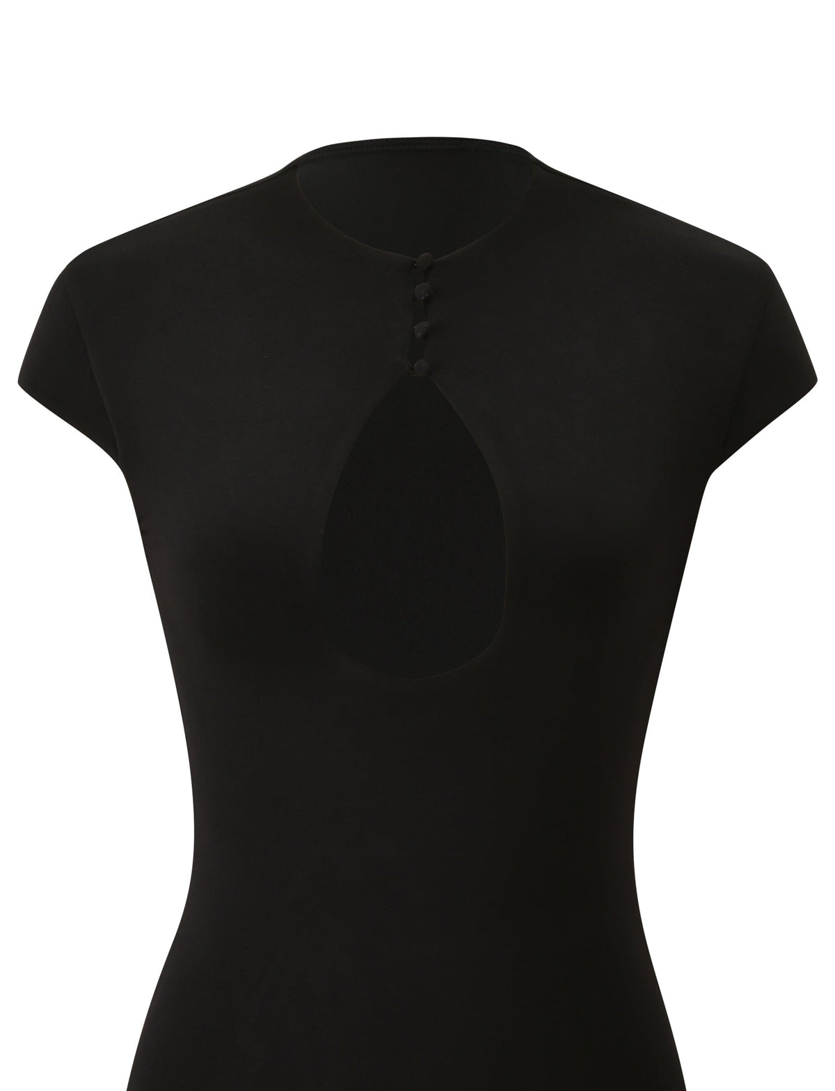 The MILLS MINI DRESS 2.0 - BLACK by TIGERMIST features short sleeves, a high neckline, a chest keyhole cutout, and four buttons at the top. Displayed on a white background, this bodycon dress showcases its sleek and elegant design.