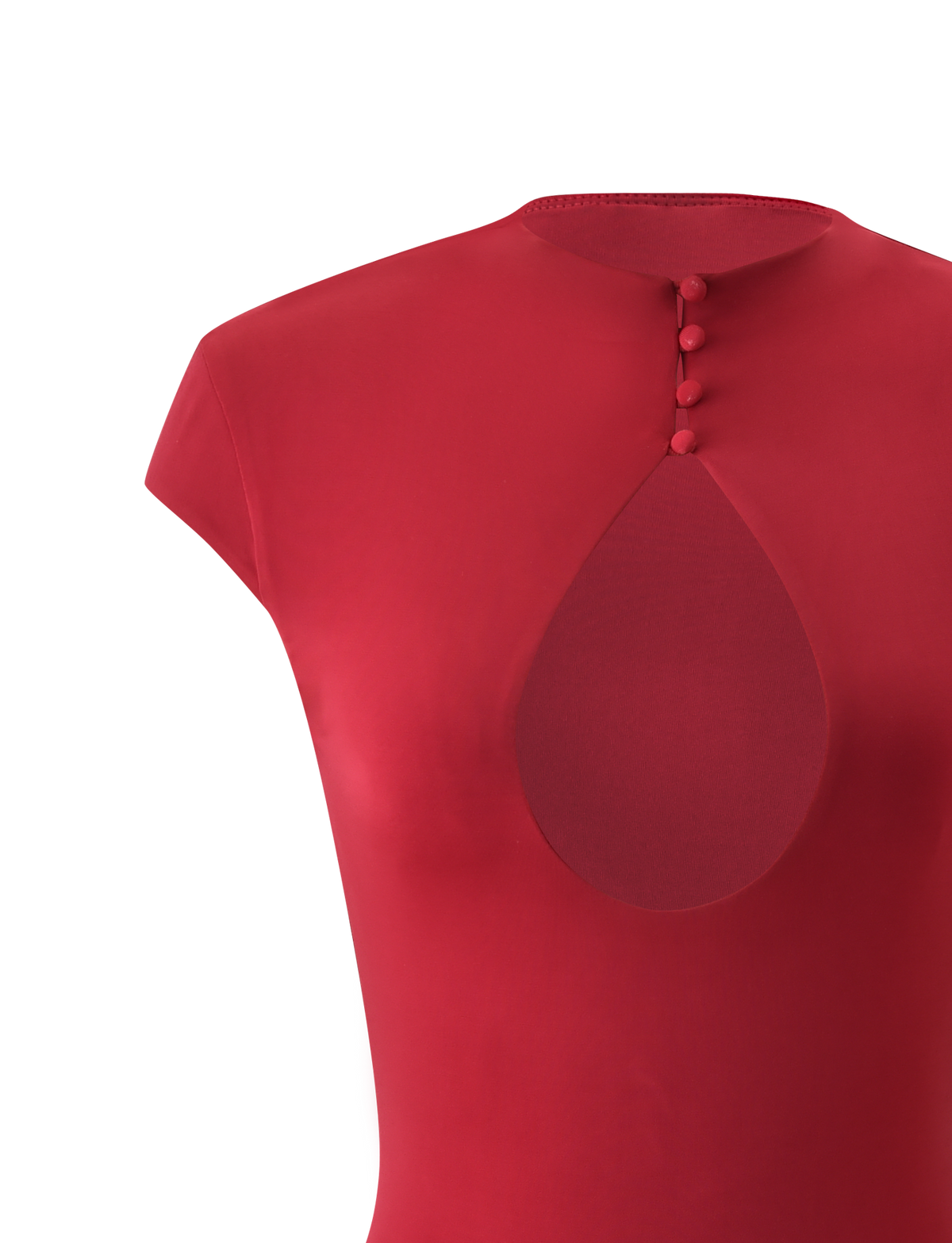 A close-up of the TIGERMIST MILLS MINI DRESS in red, featuring cap sleeves, a teardrop-shaped front bust cutout, and four fabric-covered buttons near the neckline.