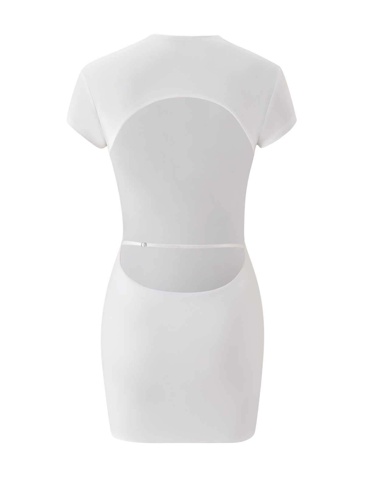 The EMILY MINI DRESS in white by TIGERMIST is showcased from the back, highlighting a large open-back cutout, wrap neck detail, and a thin waist strap fastened with a small button.