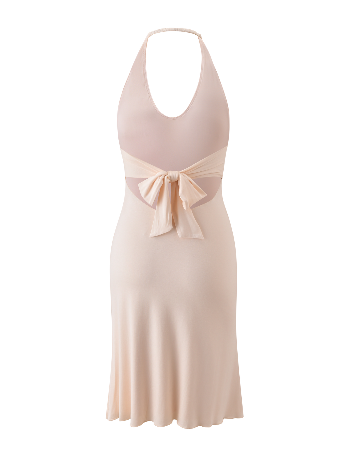 The ISABELLE MIDI DRESS - CREAM by TIGERMIST is a sleeveless, cream halter neck midi dress with a deep neckline, sheer midsection, large waist bow, open back, and gently flared knee-length hem for an elegant look.