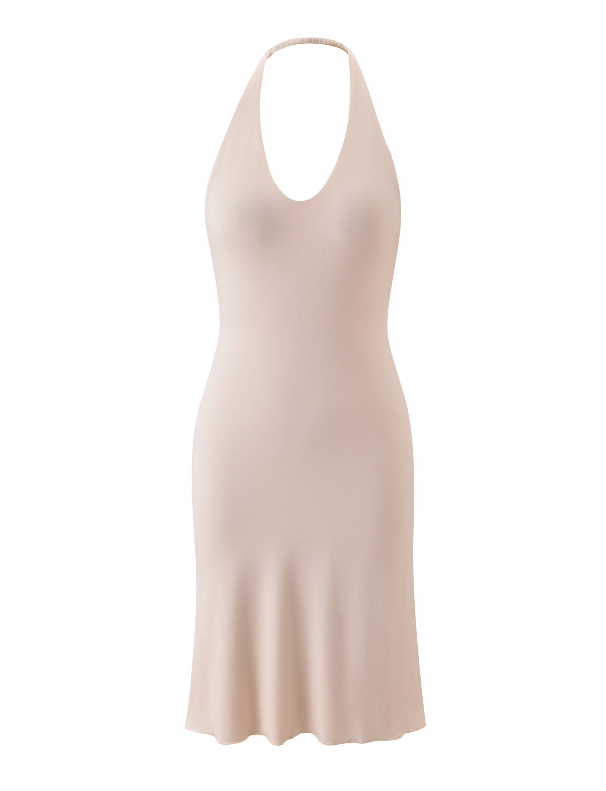The TIGERMIST ISABELLE MIDI DRESS in cream features a sleeveless halter neck, fitted bodice, gently flared skirt, and elegant open back—an Emily Venz favorite—shown on a plain white background.