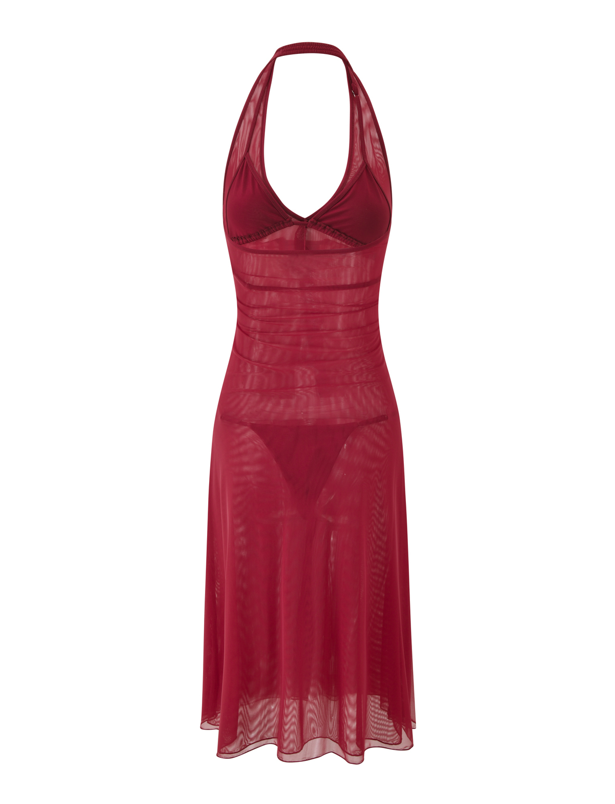 The TIGERMIST ASH MIDI DRESS - RED is a sheer, sleeveless mesh halter dress with a fitted bodice, flared knee-length skirt, and deep neckline. Its see-through design reveals a matching bralette and panty. Shown on a white background.