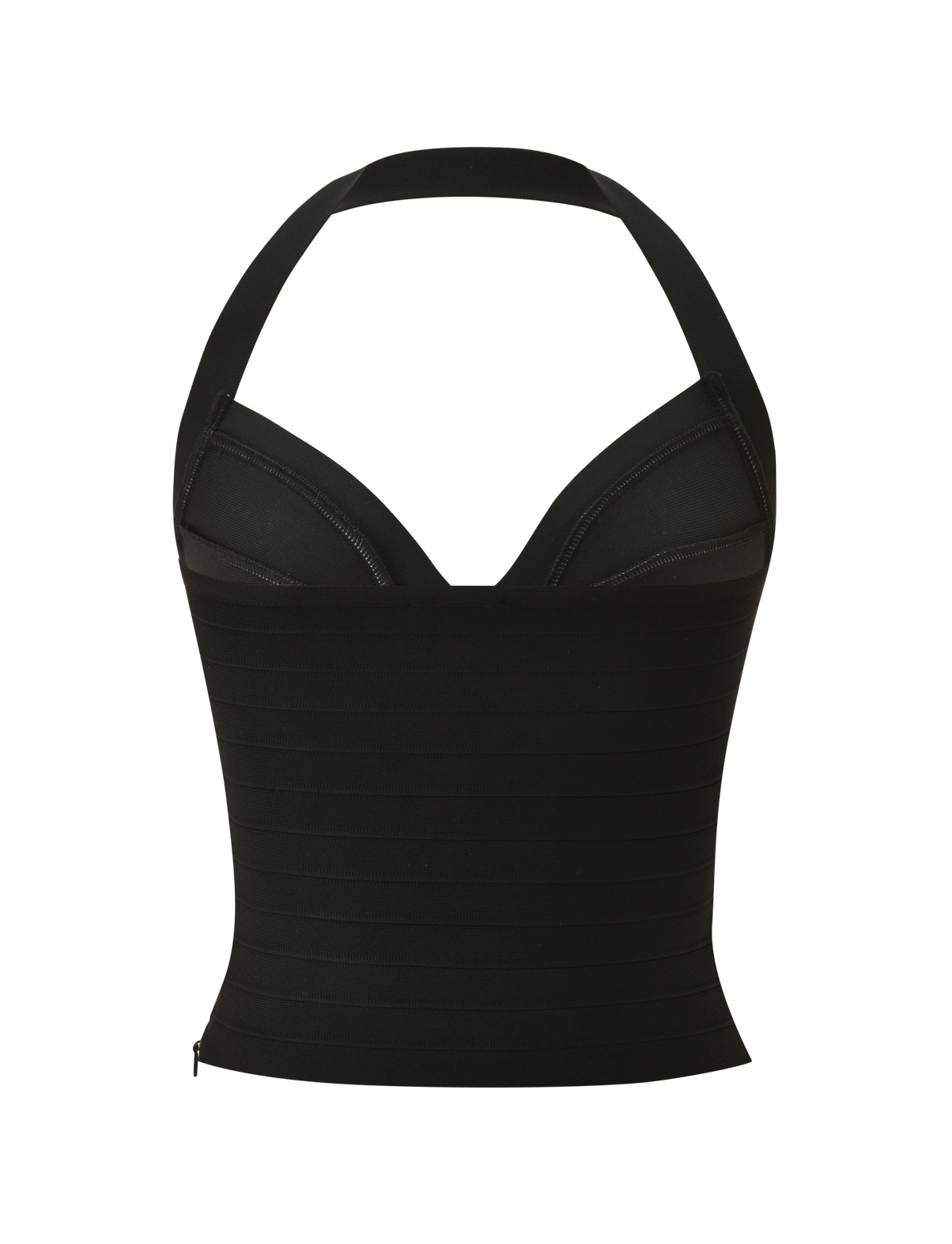 The TIGERMIST SYDEL BANDAGE TOP - BLACK features a fitted, halter design with structured cups, a plunging neckline, and horizontal seam details for a bodycon look, shown on a plain white background.