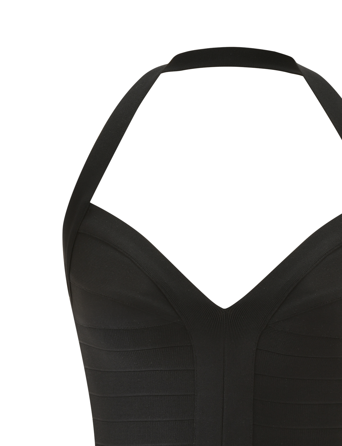 Close-up of the TIGERMIST SYDEL BANDAGE TOP in black, featuring a halter neckline, flattering bodycon fit, and wide vertical banded details, shown against a white background.