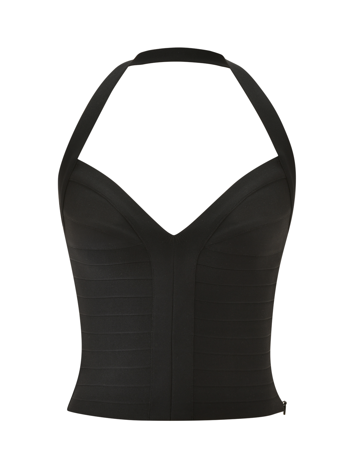 The SYDEL BANDAGE TOP by TIGERMIST is a black, fitted halter top with a sweetheart and plunging neckline, featuring horizontal band detailing and shown against a white background.