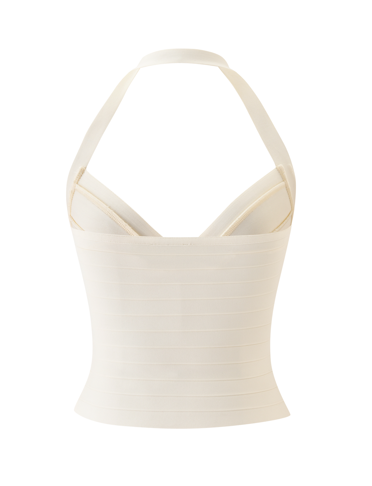 The SYDEL BANDAGE TOP in cream by TIGERMIST is a fitted halter top with a structured, ribbed texture and plunging neckline, shown against a plain white background.