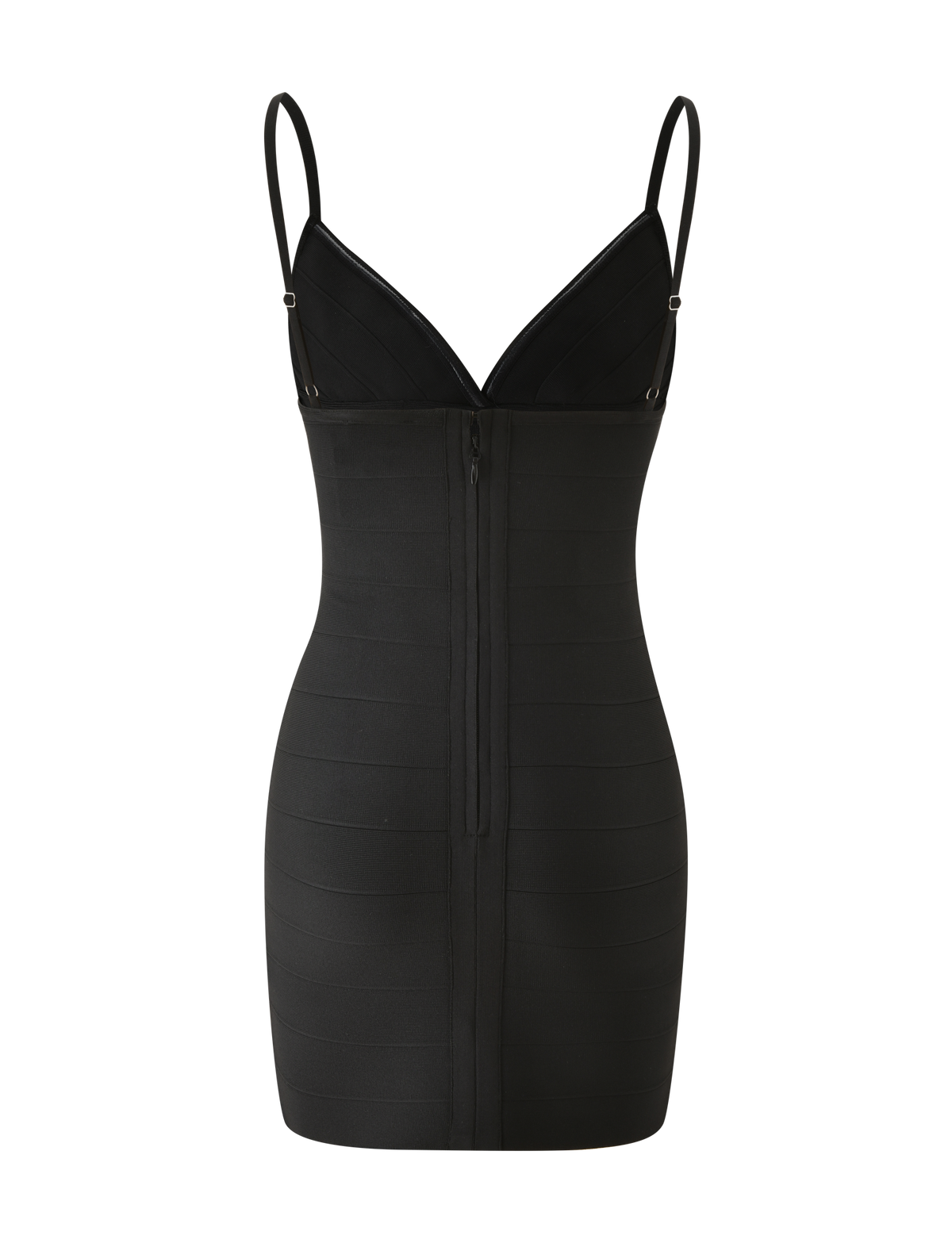 The TIGERMIST WEN BANDAGE MINI DRESS - BLACK is a fitted black mini dress with a bodycon silhouette, thin adjustable straps, a plunging neckline, and a visible back zipper, shown on a white background.