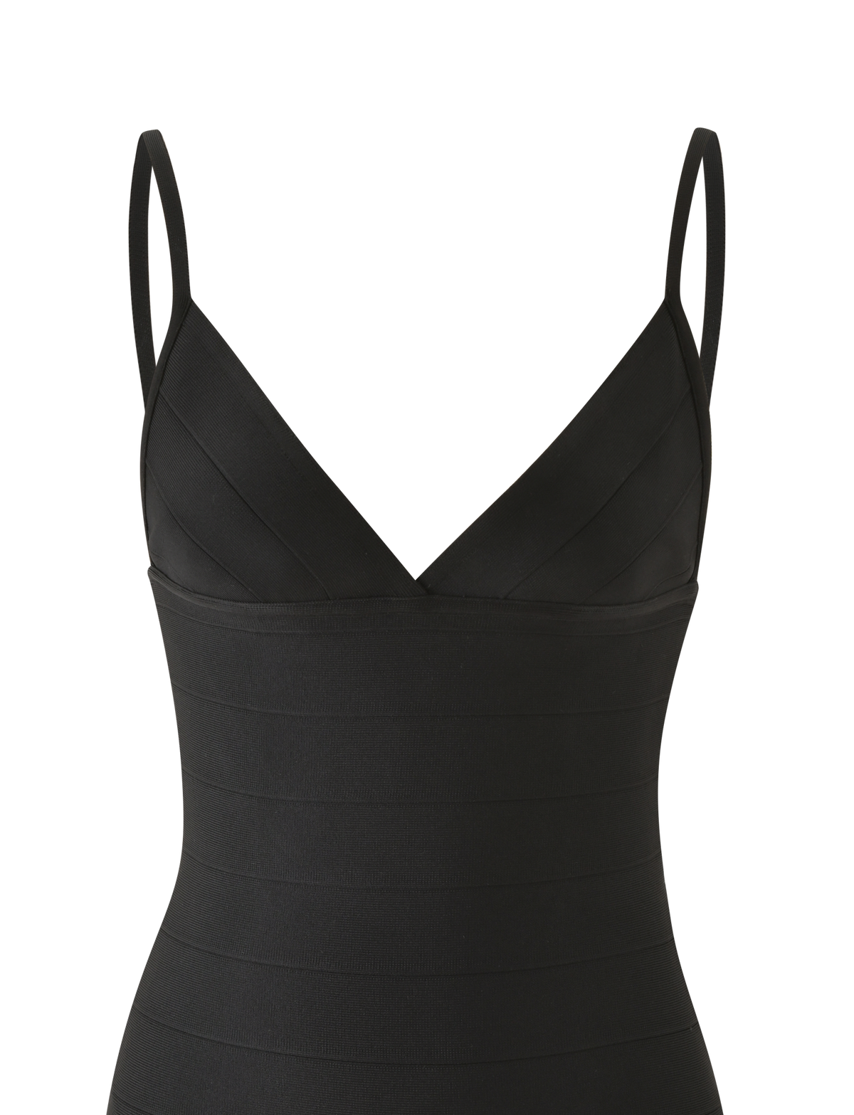The WEN BANDAGE MINI DRESS by TIGERMIST is a black, form-fitting mini dress with adjustable shoulder straps and a V-neckline, highlighted for its flattering bodycon silhouette, shown against a white background.