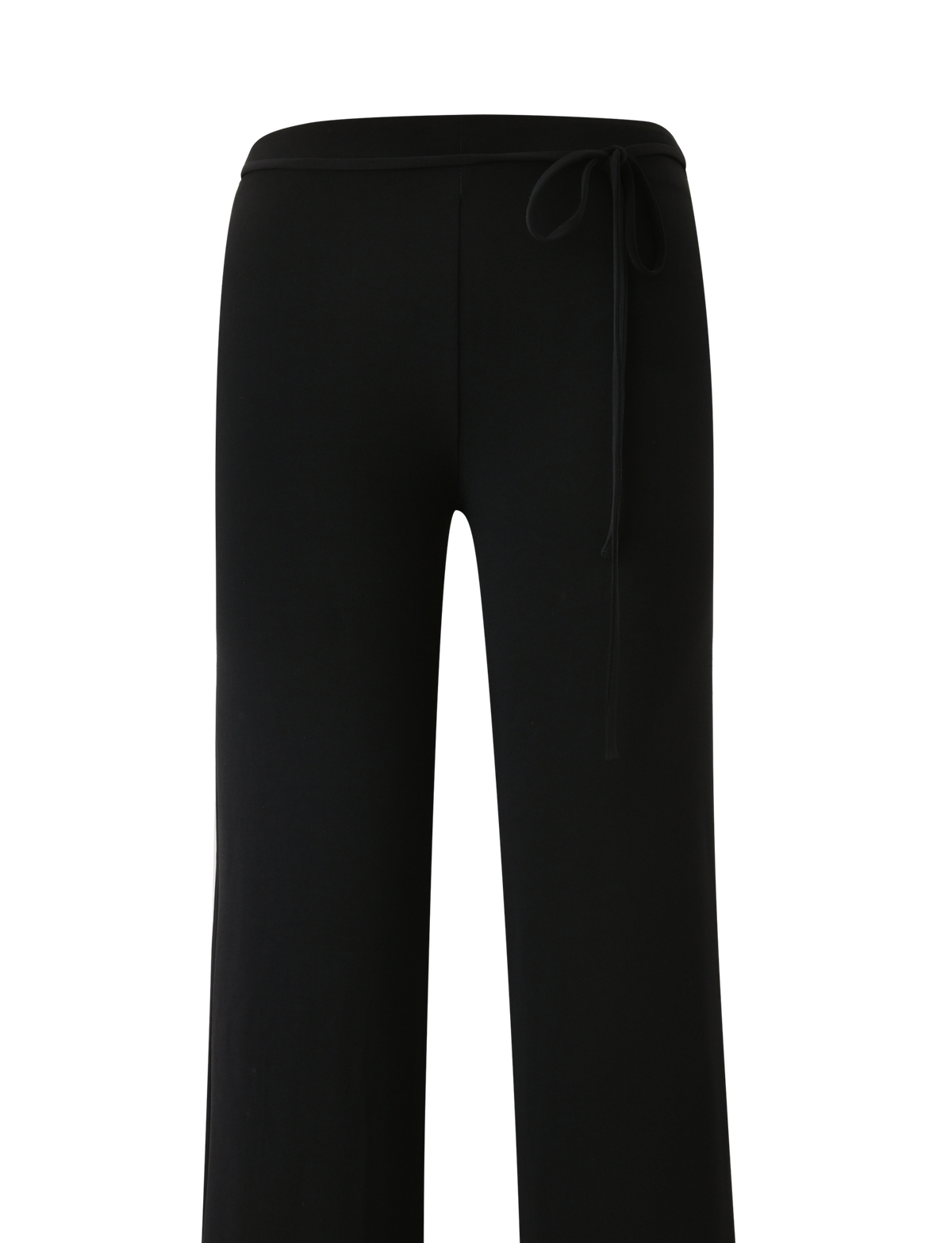 The TIGERMIST KAILI PANT in black features a mid-low rise waist, wide-leg silhouette, full length, and a removable self-tie belt, shown against a plain white background.