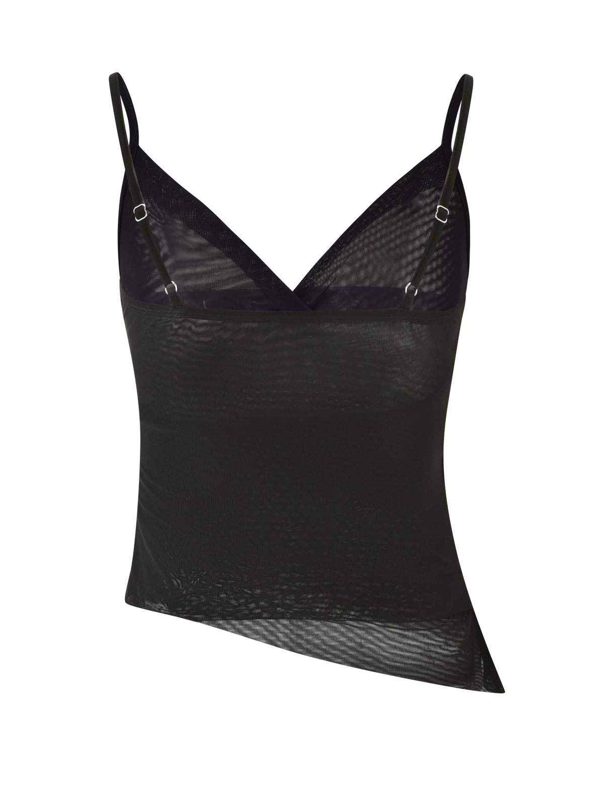 The TIGERMIST ALDEANA TOP - BLACK is a semi-sheer sleeveless camisole with adjustable thin straps and a faux wrap asymmetrical hem, shown on a plain white background.