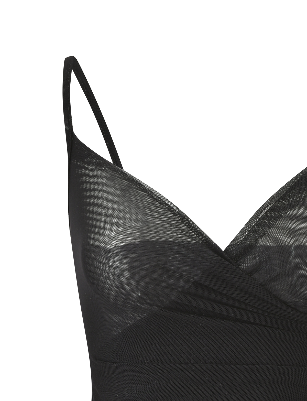 Close-up of the ALDEANA TOP - BLACK by TIGERMIST, a sheer mesh singlet with thin straps and a V-neckline, channeling subtle 90s vibes, displayed against a white background.