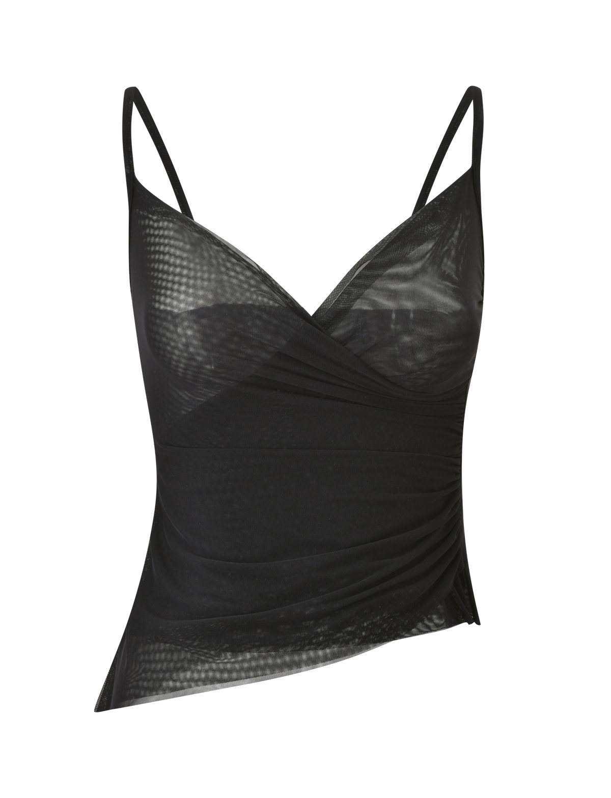 The ALDEANA TOP - BLACK by TIGERMIST is a black, sleeveless mesh camisole with thin straps, a faux wrap ruched design, semi-sheer finish, and fitted silhouette for a bold 90s-inspired look.