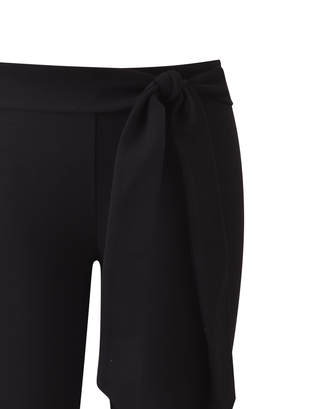 Close-up of the TIGERMIST PILAR CAPRI in black, featuring a mid-rise waist and a large, removable side-knotted waist tie. Shown against a plain white background.