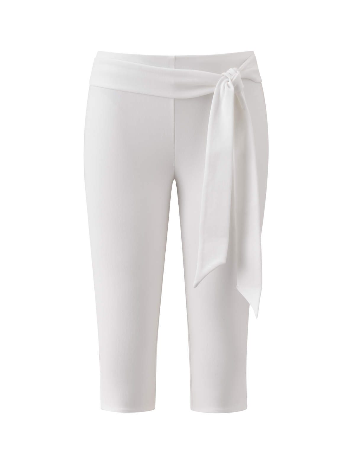 The PILAR CAPRI - WHITE by TIGERMIST features a slim fit, smooth minimalist design, flattering mid-rise waist, and a wide removable waist tie knotted at the side. Displayed on a plain white background.