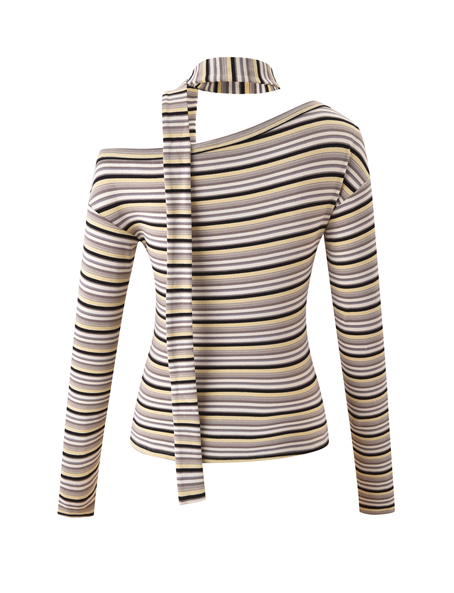 The TIGERMIST KIERSTEN SCARF TOP - MULTISTRIPE features beige, black, white, and yellow stripes, an off-shoulder neckline, long sleeves, and an attached matching skinny scarf for added style.