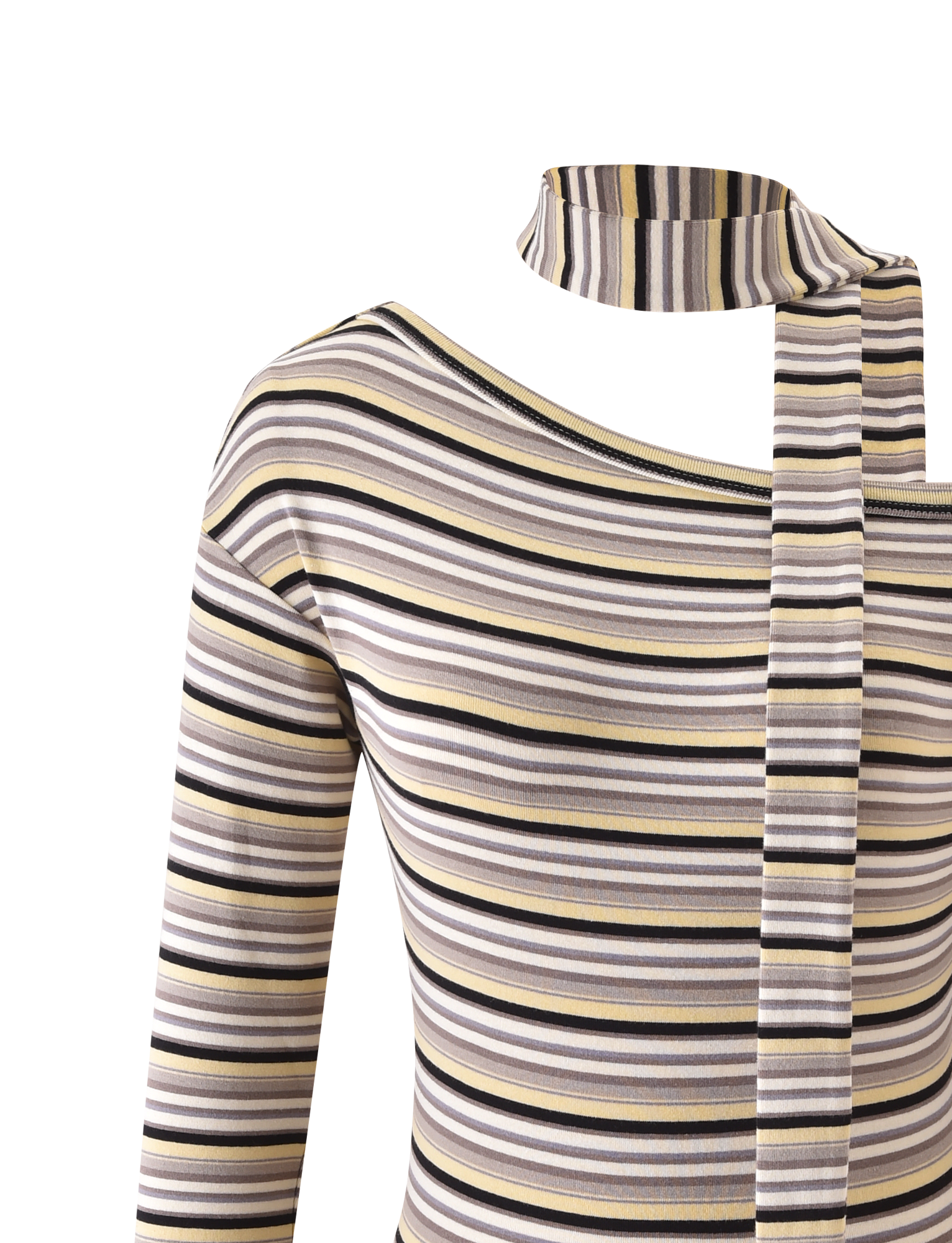 The TIGERMIST KIERSTEN SCARF TOP - MULTISTRIPE features an asymmetrical off-shoulder neckline, attached skinny scarf, and stripes in beige, black, white, and gray. The scarf drapes loosely for a stylish look.