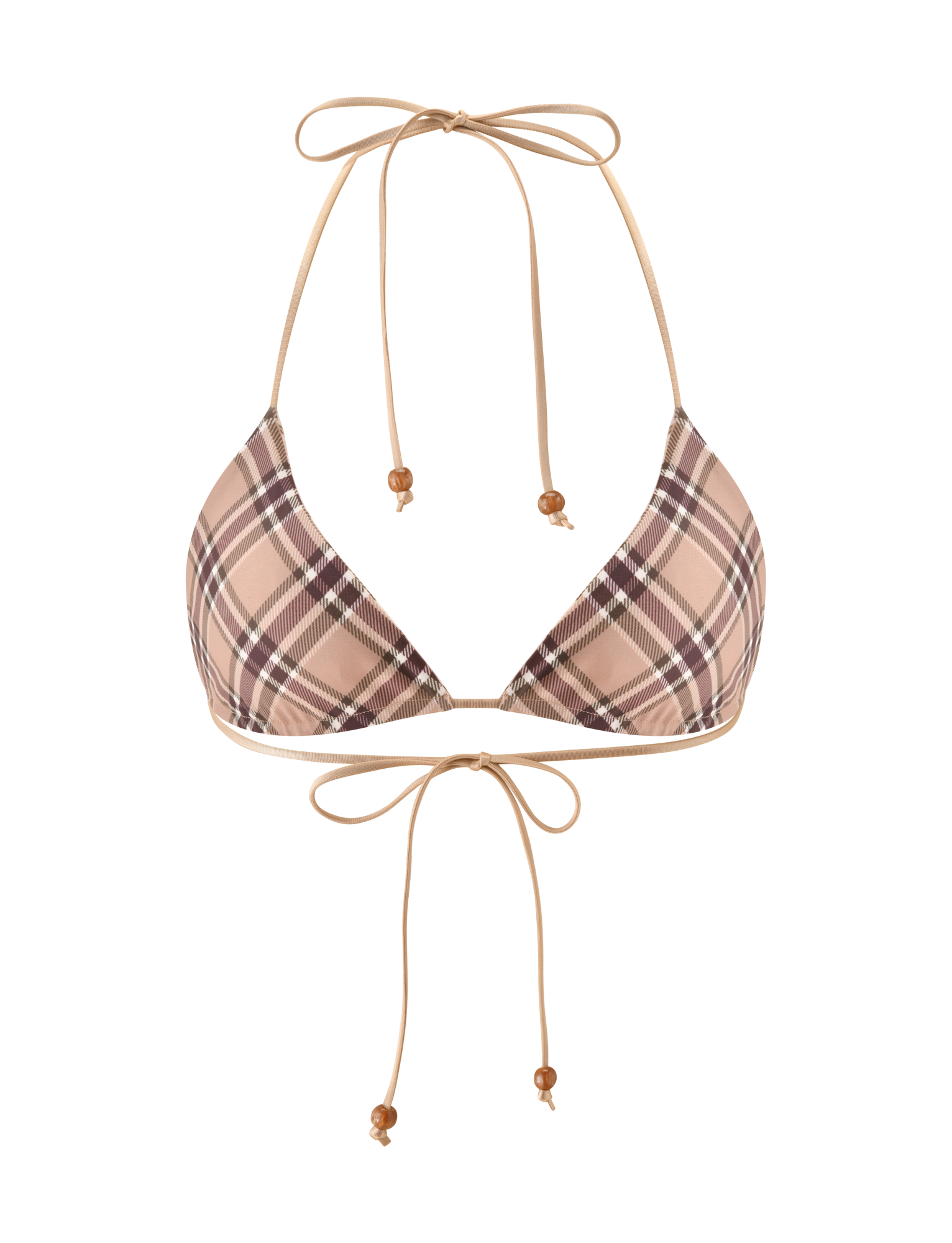 The AVE REVERSIBLE BIKINI TOP by TIGERMIST features adjustable tan string ties at the neck and back, a pink and tan plaid pattern, and small wooden beads on the ends.