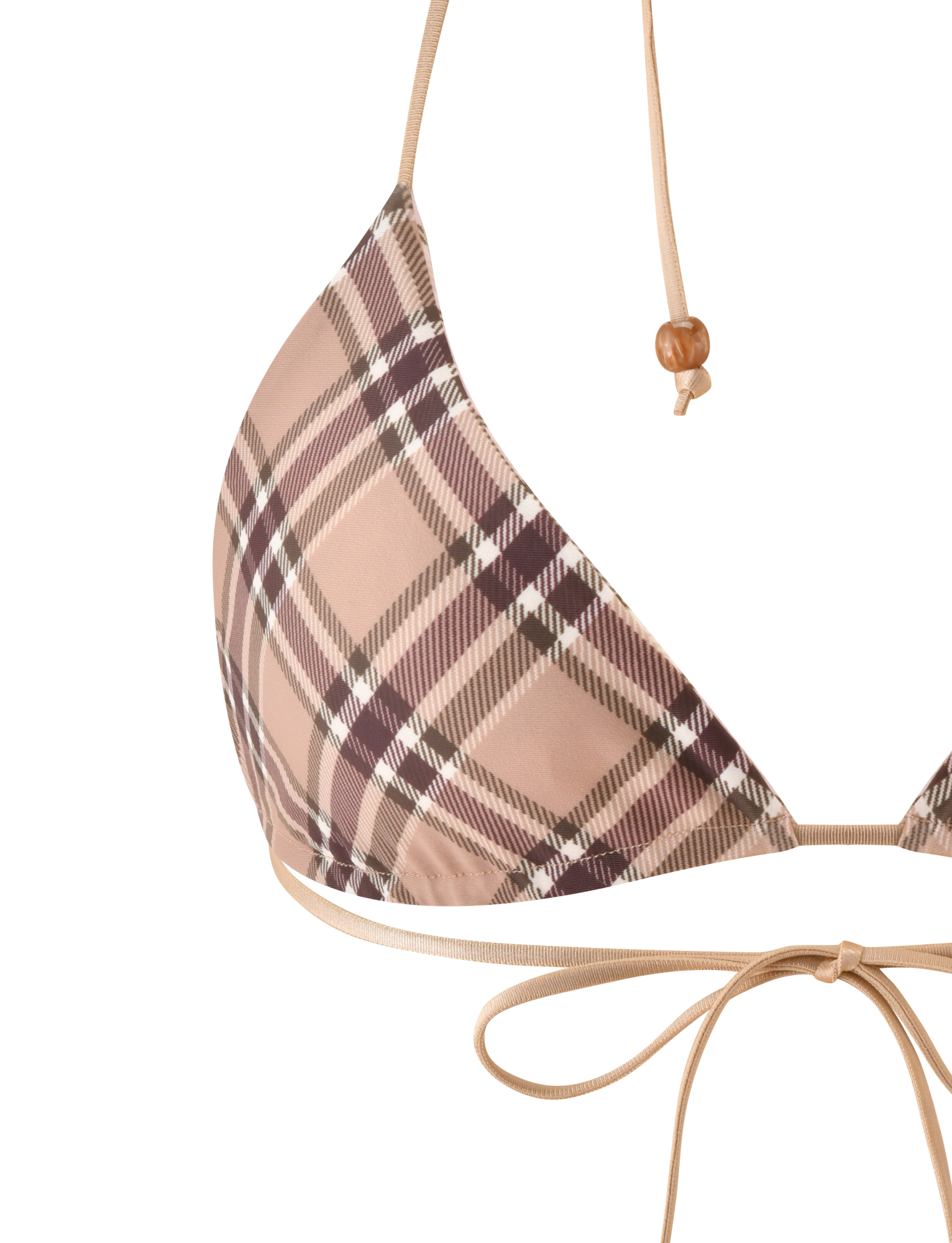 Close-up of the TIGERMIST AVE REVERSIBLE BIKINI TOP in tan and pink plaid. This triangle top features thin tan straps with a wooden bead detail and ties at neck and back for versatile beach day styling.