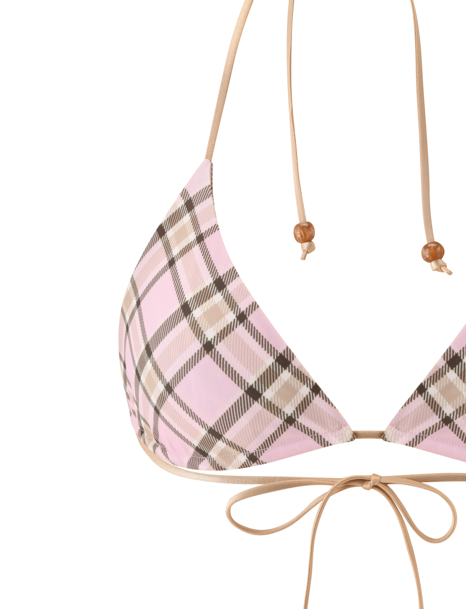 The TIGERMIST AVE Reversible Bikini Top features a triangle style in tan and pink plaid, with adjustable tan straps and small wooden beads, displayed on a white background.