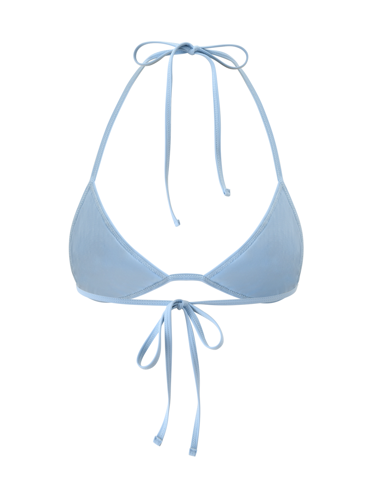 The SOLAS SEQUIN BIKINI TOP in sky blue by TIGERMIST features thin tie straps at the neck and back, with shimmering sequins for a standout beach club look. Shown against a plain white background.