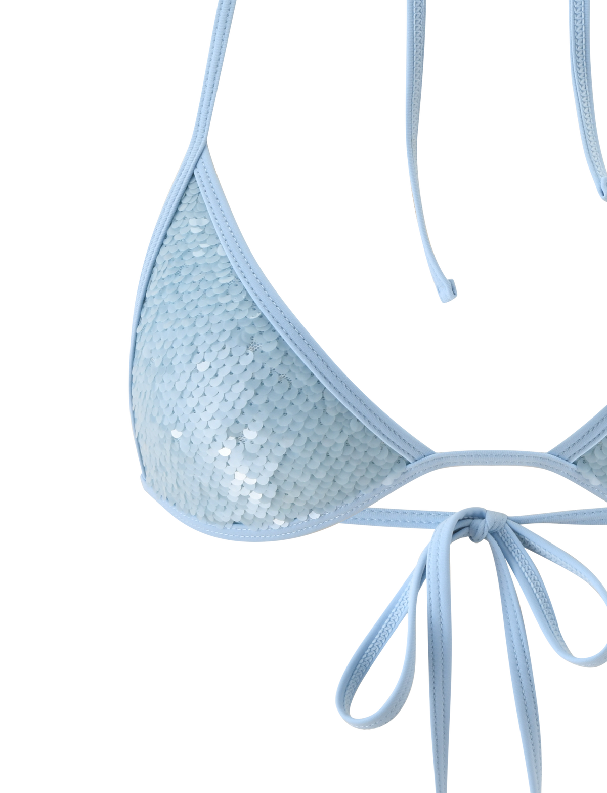 Close-up of the TIGERMIST SOLAS SEQUIN BIKINI TOP in sky blue, featuring thin straps—one tied in a bow, another untied—set against a white background; the perfect swimwear piece for any beach club.